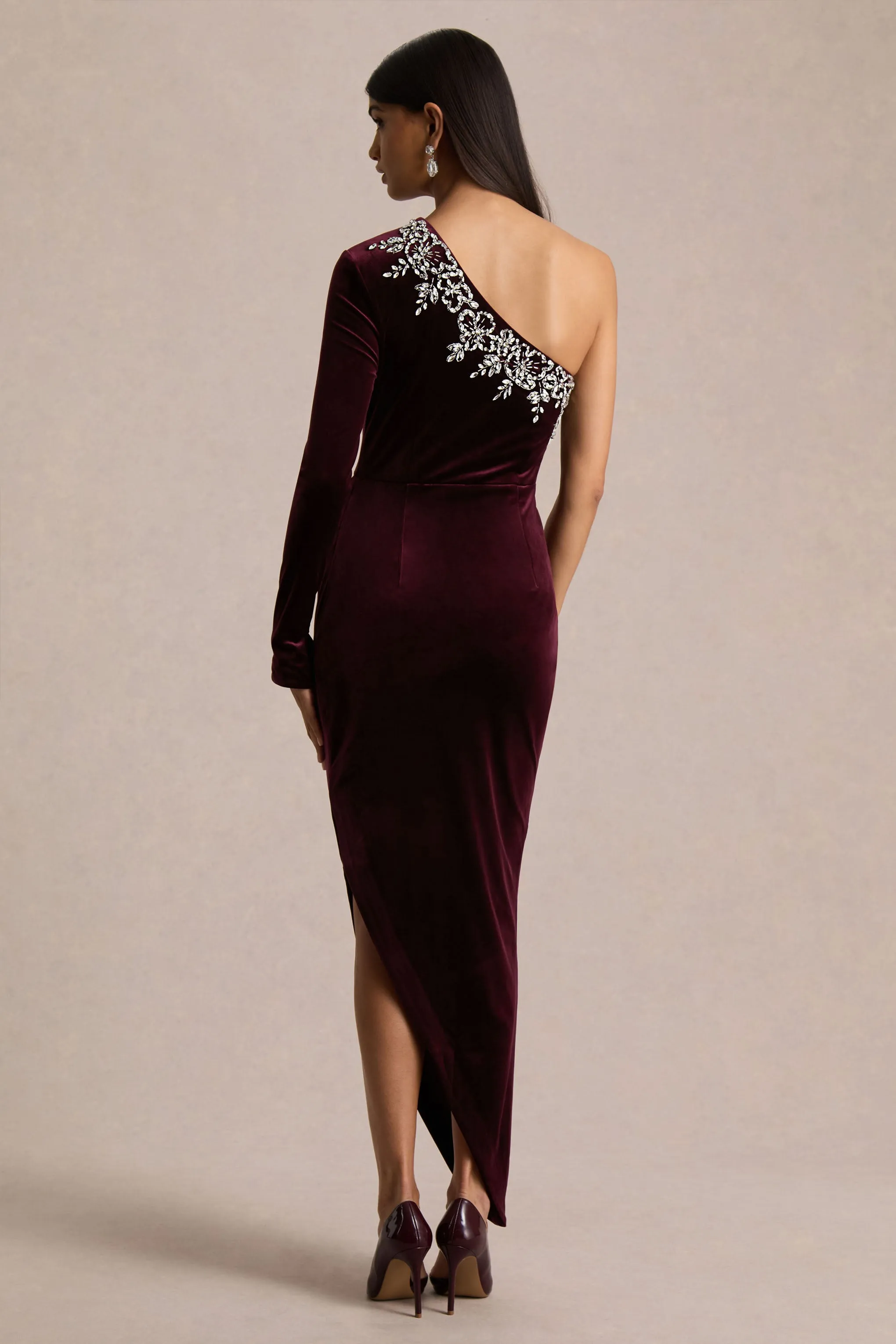 Nyssa | Burgundy Embellished Asymmetric-Neck Maxi Dress sold by Club L London product image thumbnail 2