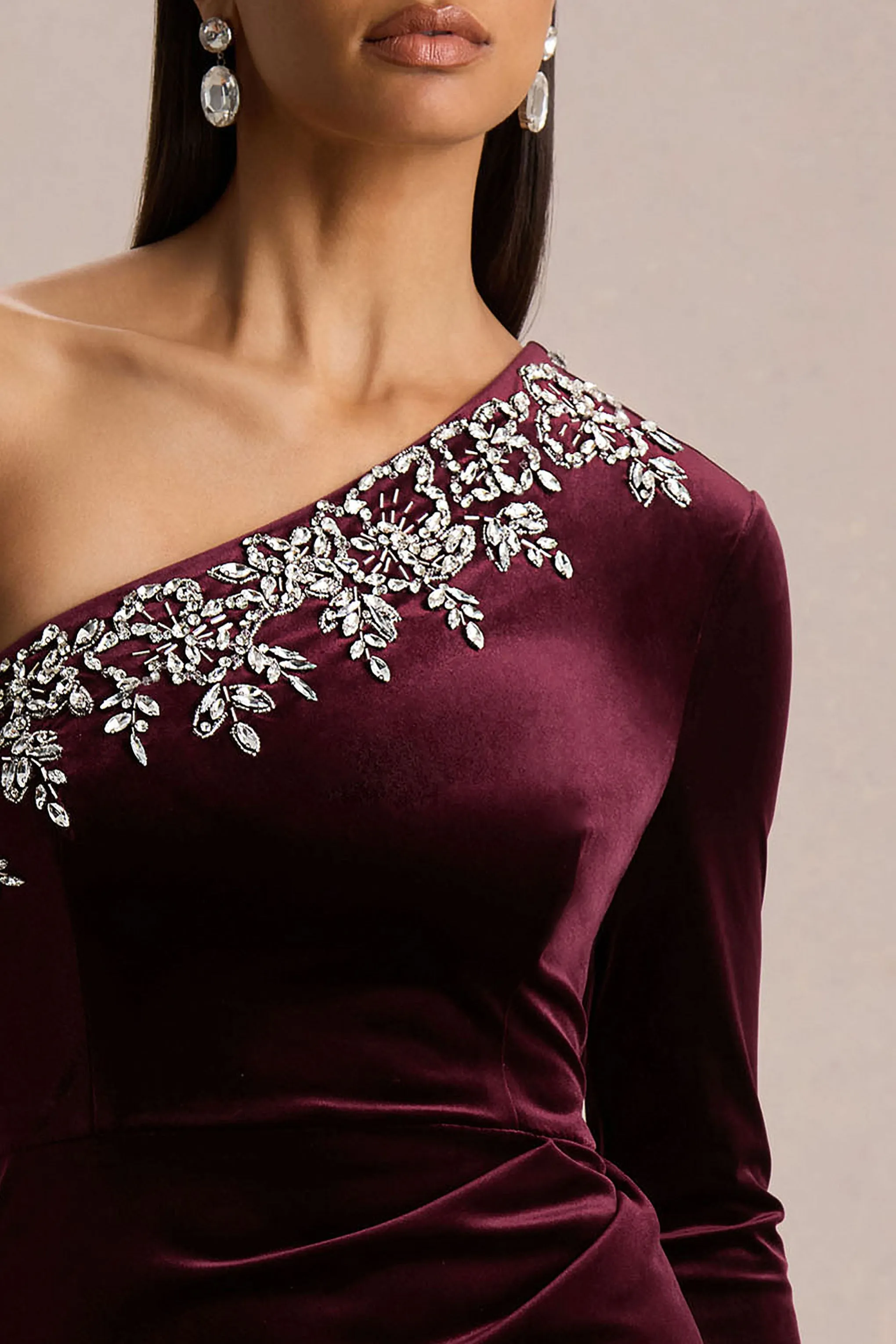 Nyssa | Burgundy Embellished Asymmetric-Neck Maxi Dress sold by Club L London product image thumbnail 3