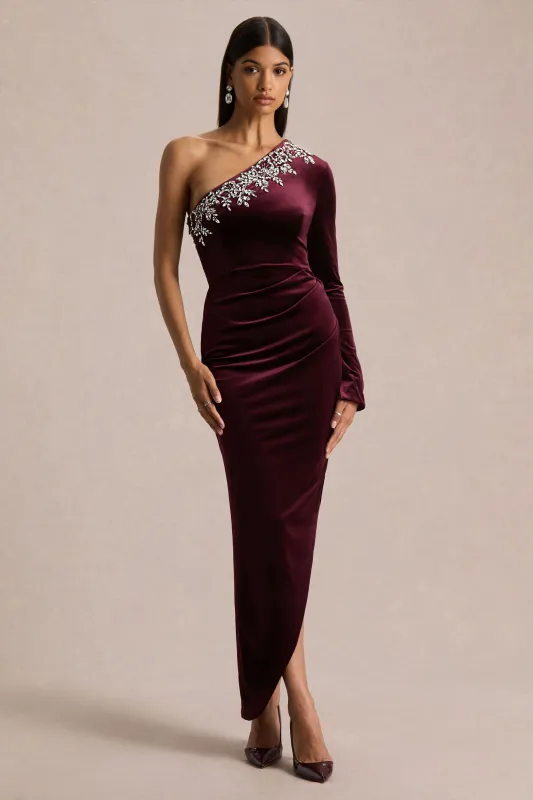 Nyssa | Burgundy Embellished Asymmetric-Neck Maxi Dress sold by Club L London