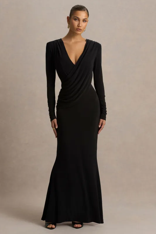 Daphira | Black Extreme-Plunge Neck Maxi Dress sold by Club L London