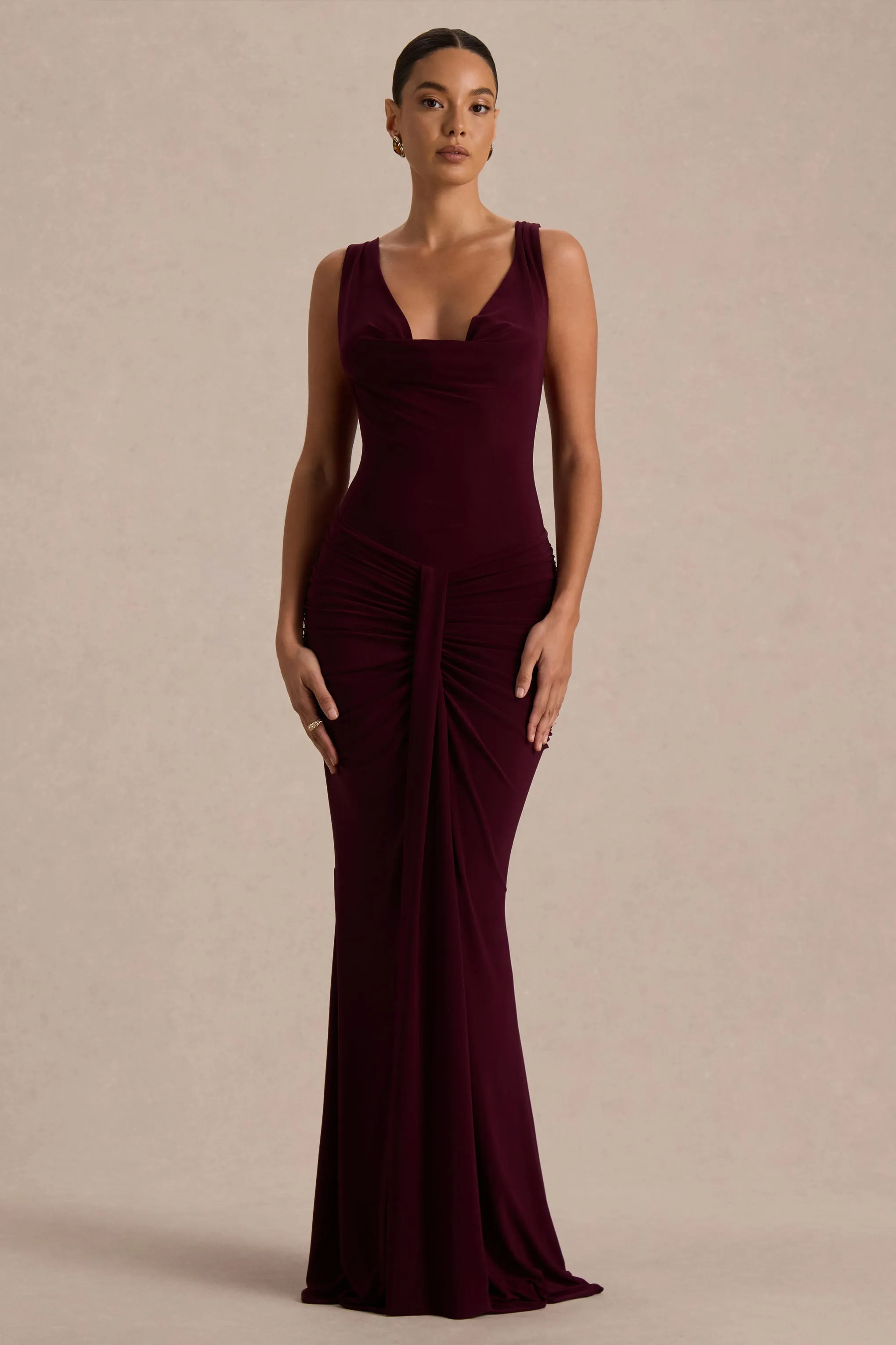 Mallie | Burgundy Cowl-Neck Maxi Dress With Open-Back And Gathered-Detailing sold by Club L London product image thumbnail 3