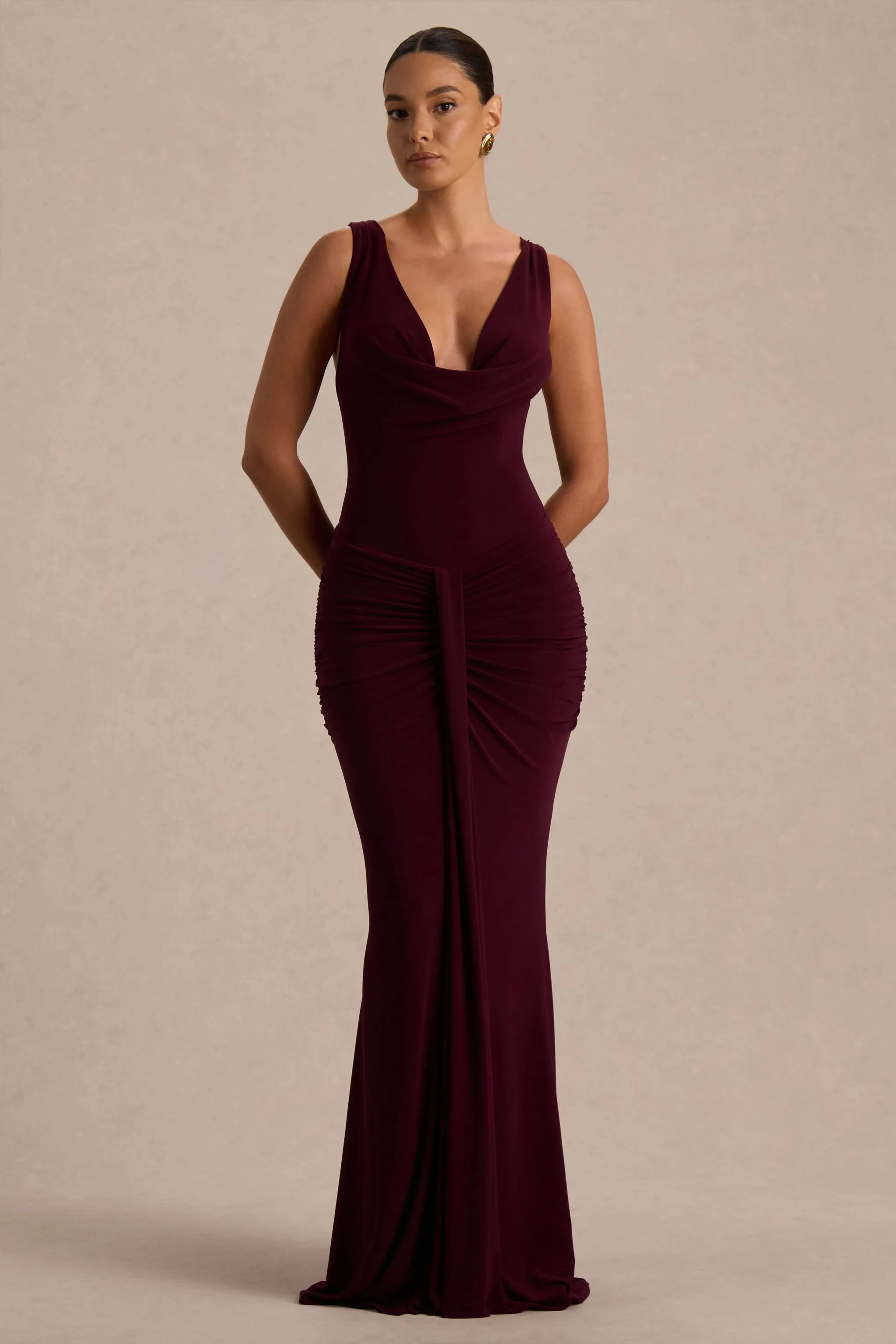 Mallie | Burgundy Cowl-Neck Maxi Dress With Open-Back And Gathered-Detailing sold by Club L London product image thumbnail 4