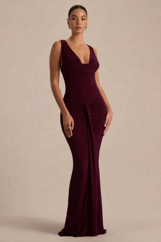 Mallie | Burgundy Cowl-Neck Maxi Dress With Open-Back And Gathered-Detailing sold by Club L London