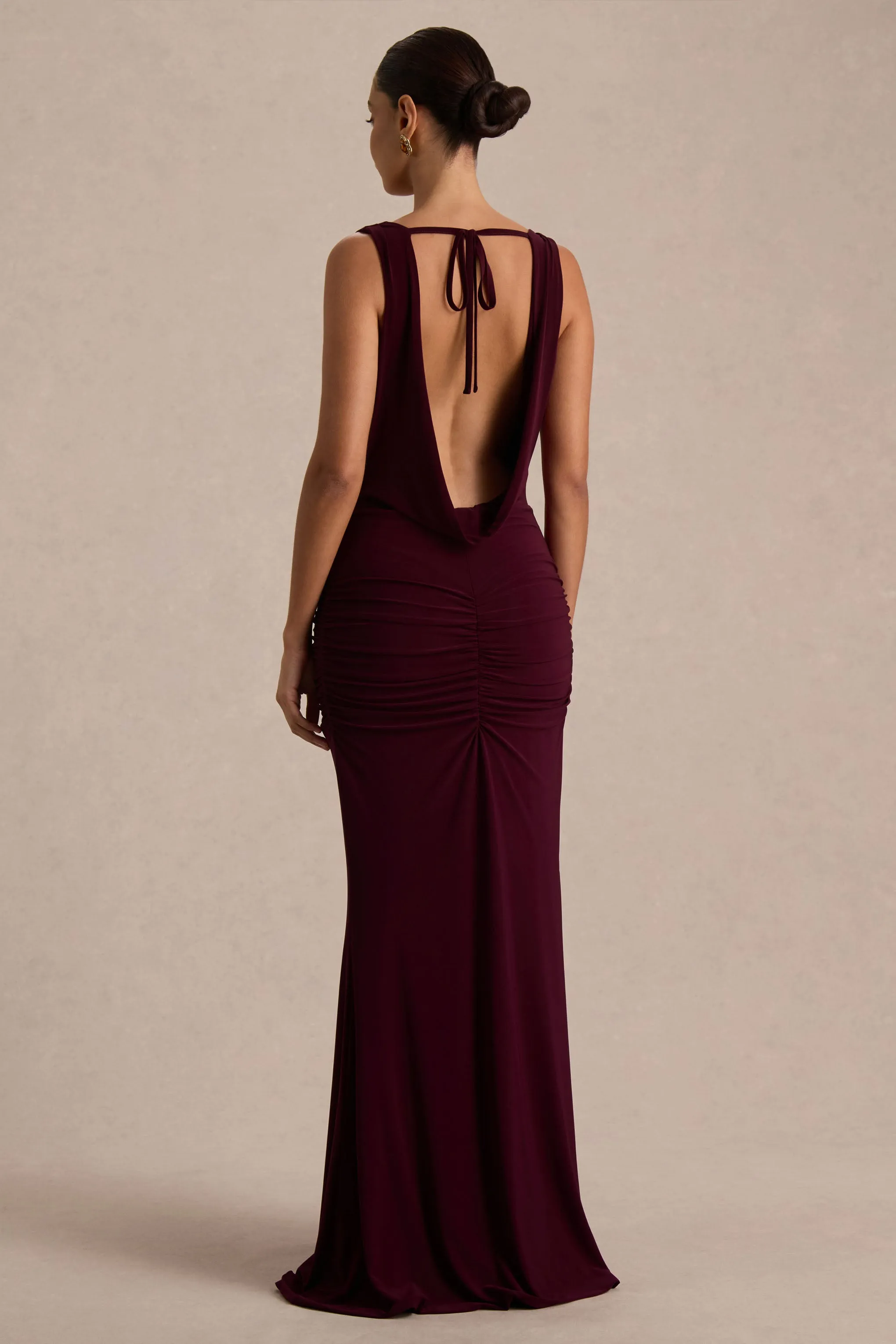 Mallie | Burgundy Cowl-Neck Maxi Dress With Open-Back And Gathered-Detailing sold by Club L London product image thumbnail 2