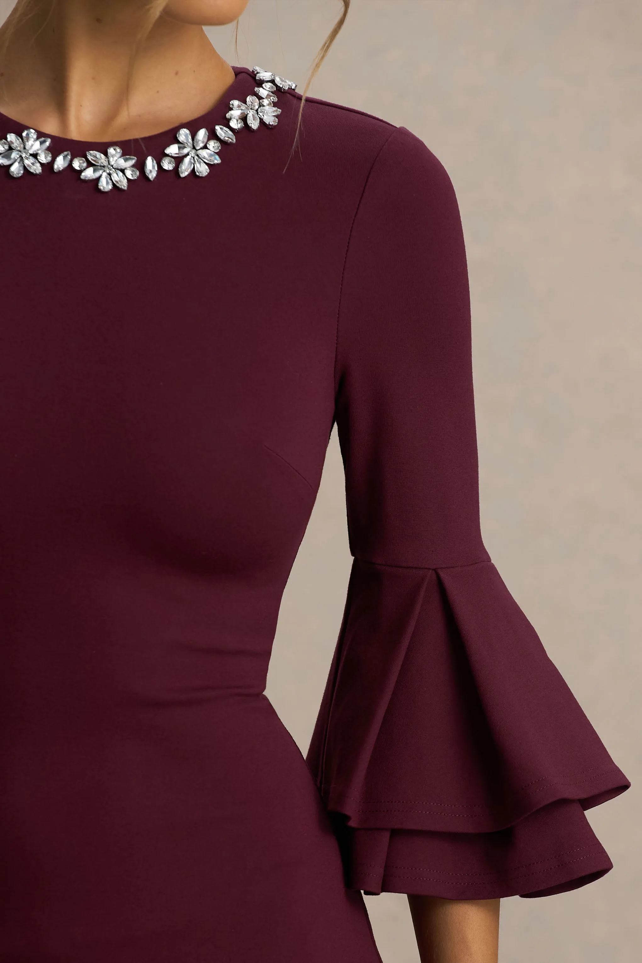 Mirna | Burgundy Crew-Neck Mini Dress With Bell Sleeves And Ruffled Detailing sold by Club L London product image thumbnail 3