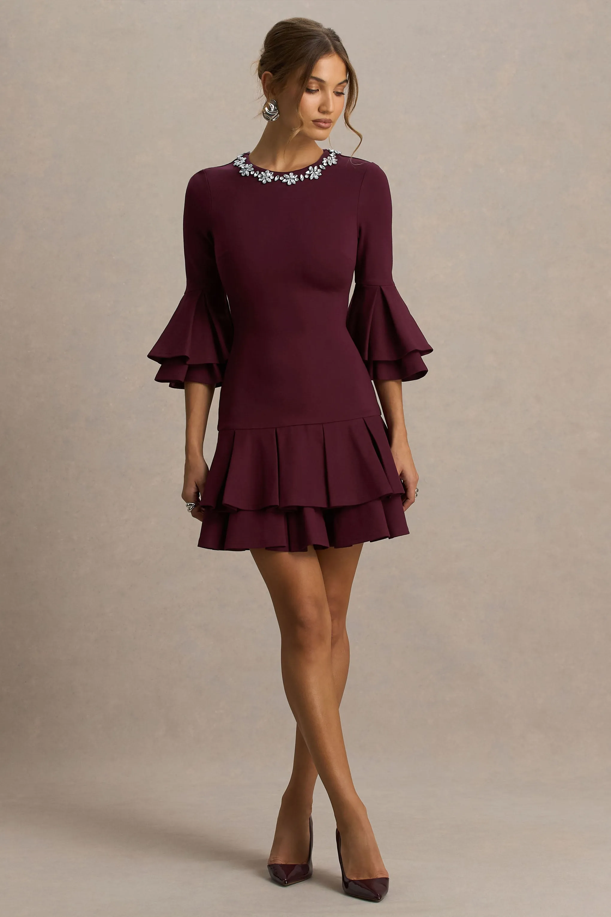 Mirna | Burgundy Crew-Neck Mini Dress With Bell Sleeves And Ruffled Detailing sold by Club L London product image thumbnail 4