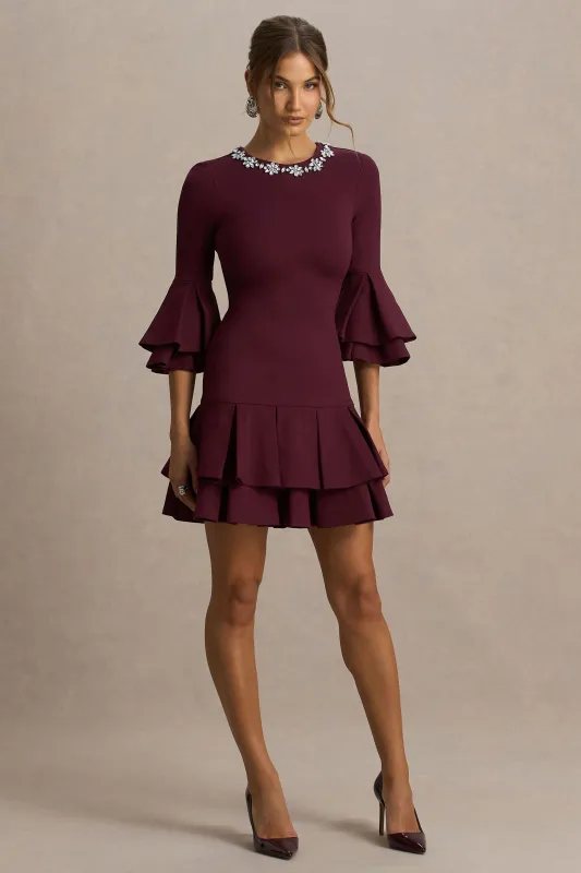 Mirna | Burgundy Crew-Neck Mini Dress With Bell Sleeves And Ruffled Detailing sold by Club L London