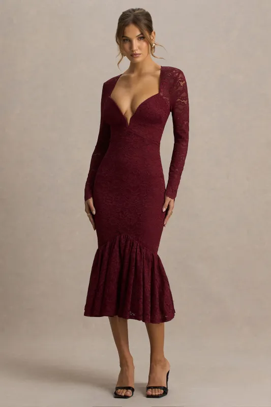 Camilly | Burgundy Lace Plunge-Neck Mermaid Midi Dress sold by Club L London