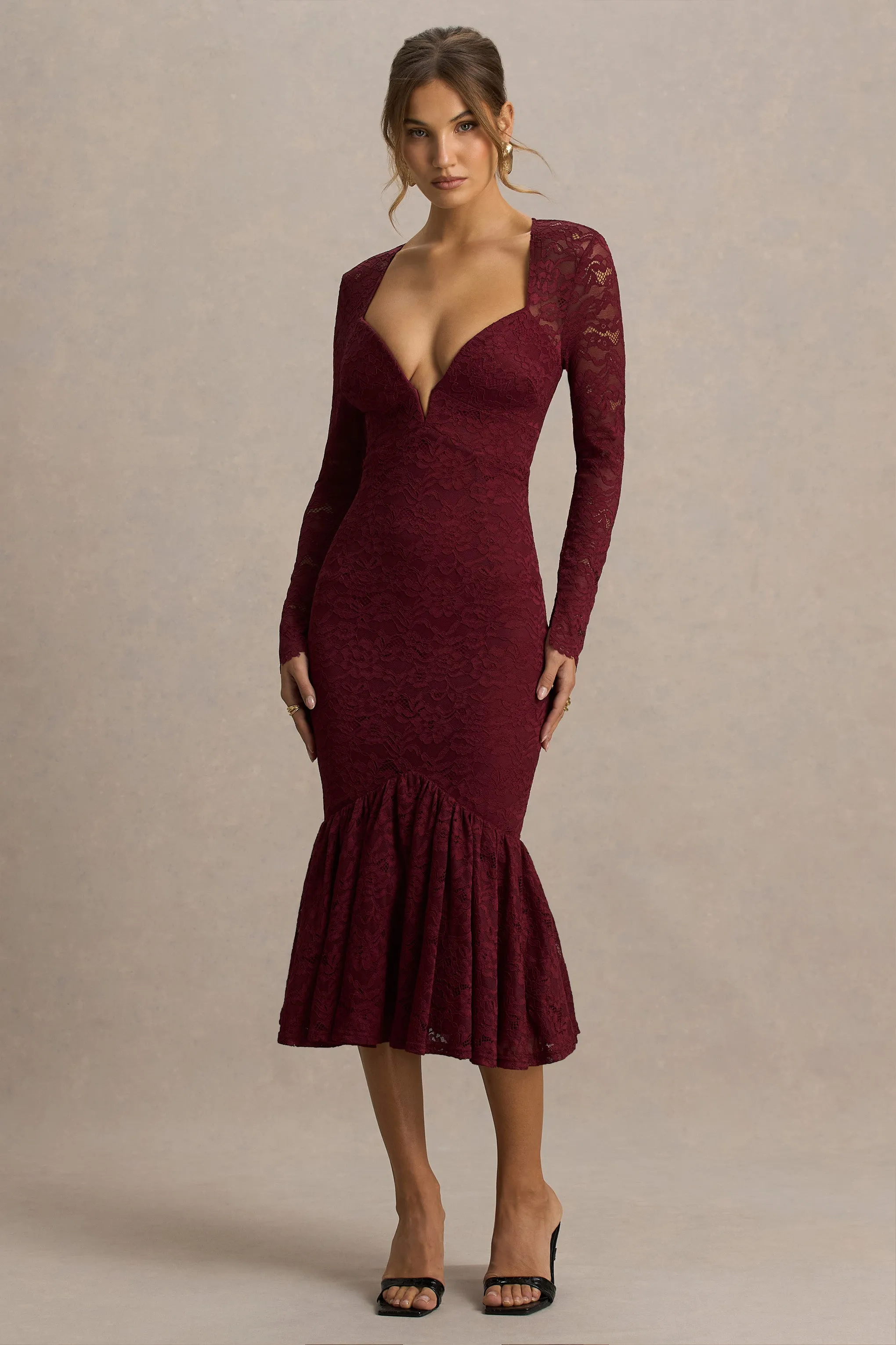 Camilly | Burgundy Lace Plunge-Neck Mermaid Midi Dress sold by Club L London
