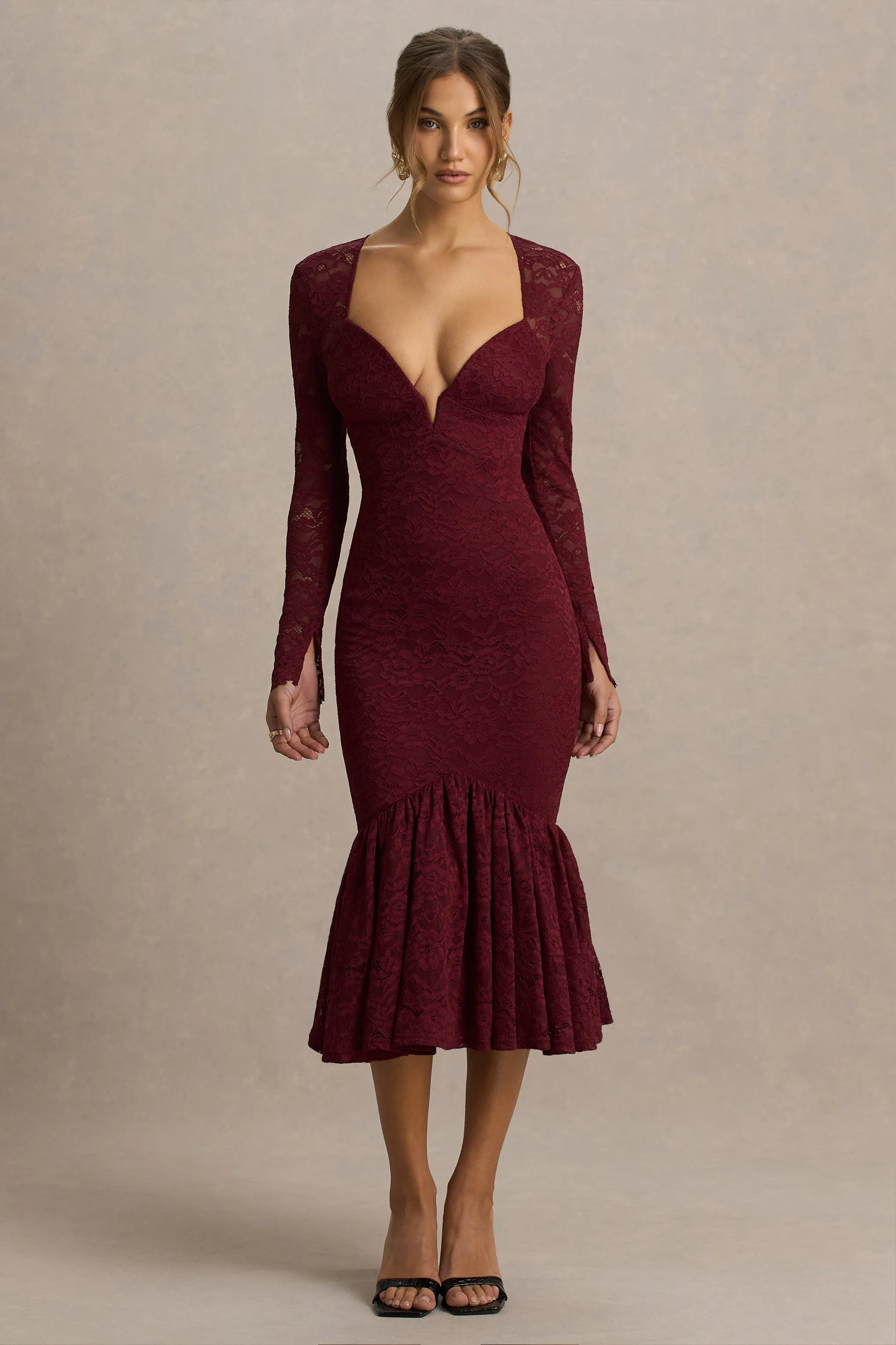 Camilly | Burgundy Lace Plunge-Neck Mermaid Midi Dress sold by Club L London product image thumbnail 5
