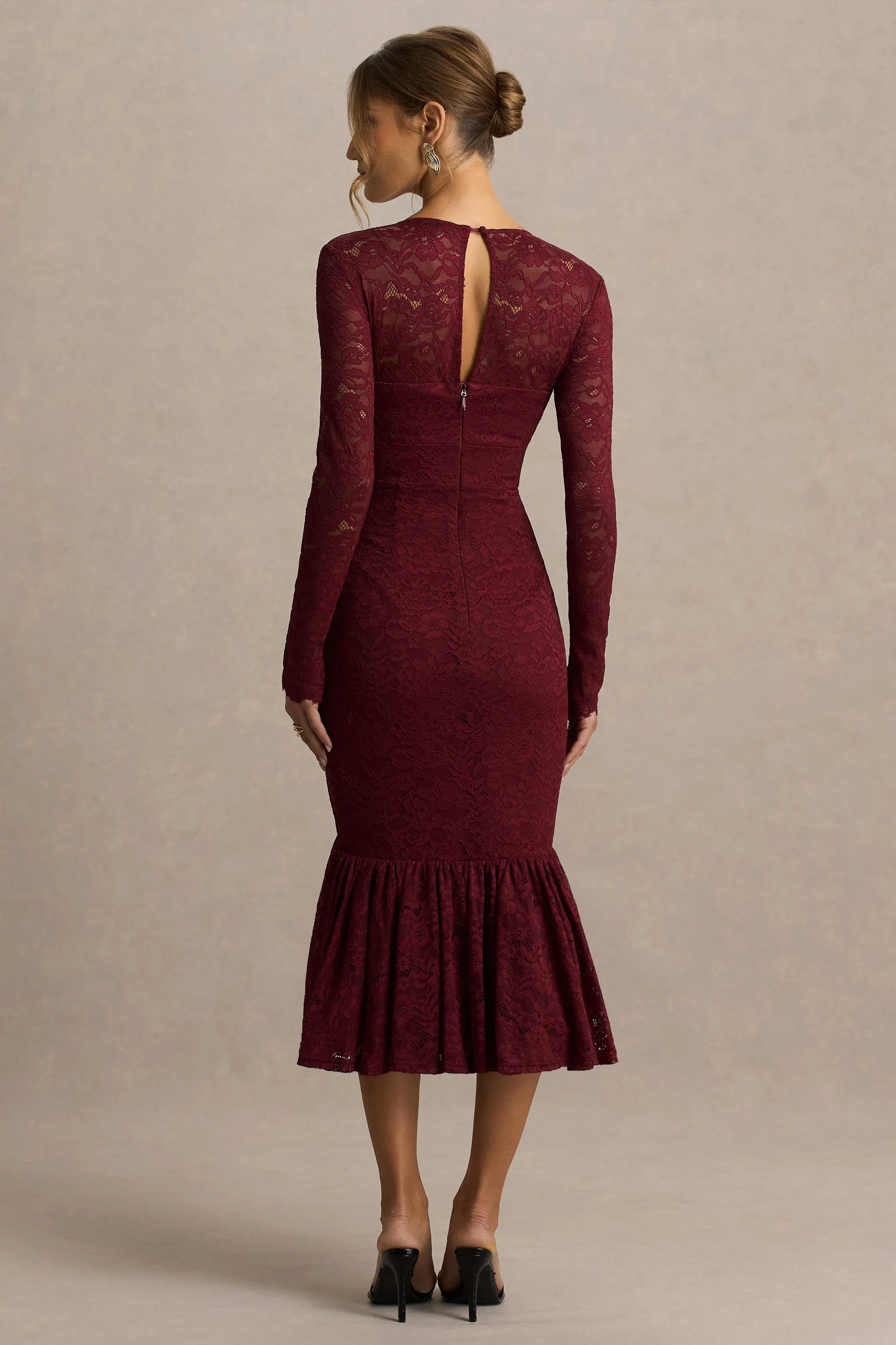Camilly | Burgundy Lace Plunge-Neck Mermaid Midi Dress sold by Club L London product image thumbnail 2