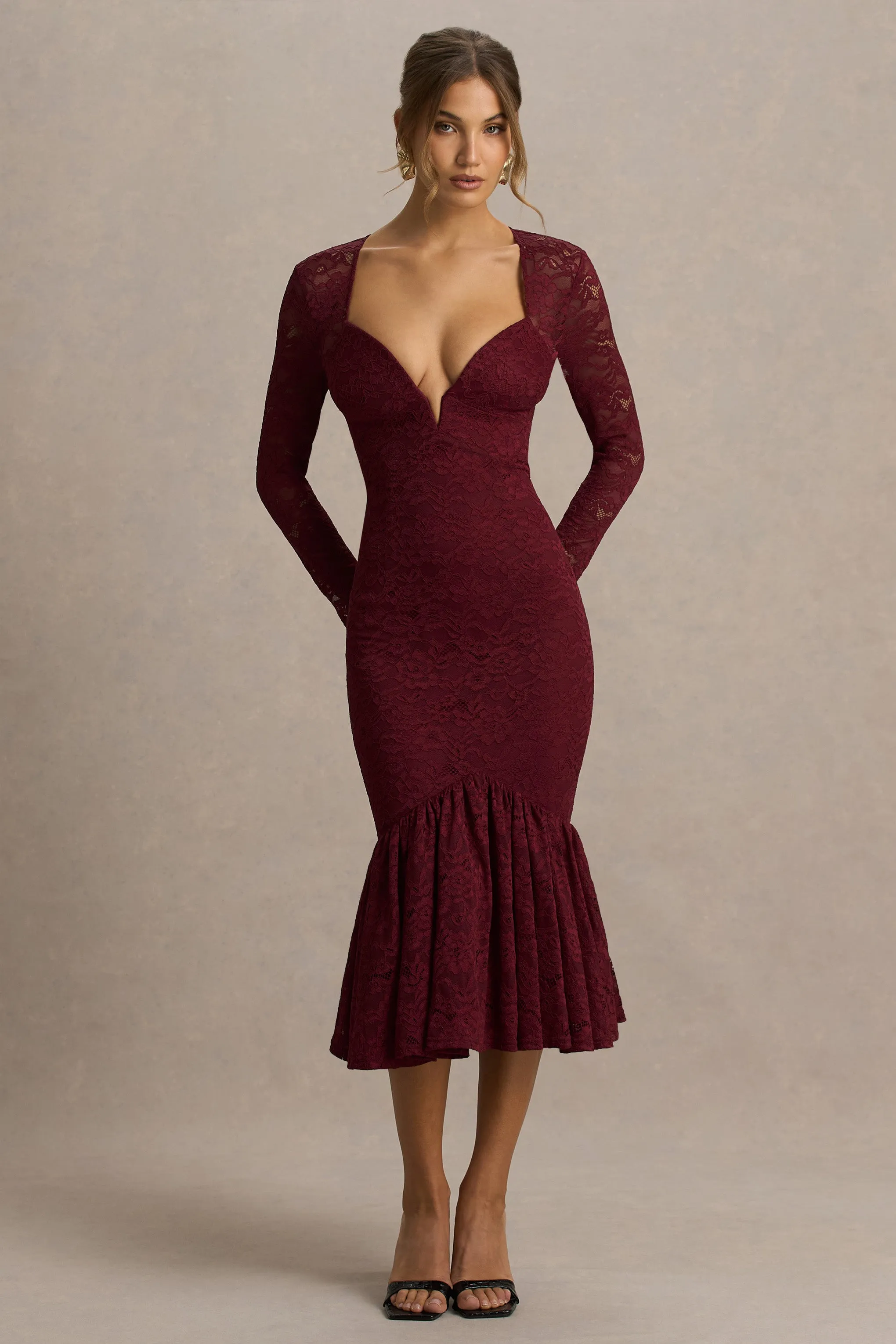 Camilly | Burgundy Lace Plunge-Neck Mermaid Midi Dress sold by Club L London product image thumbnail 3