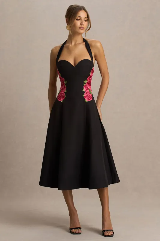 Tillie | Black Halter-Neck Midi Dress sold by Club L London