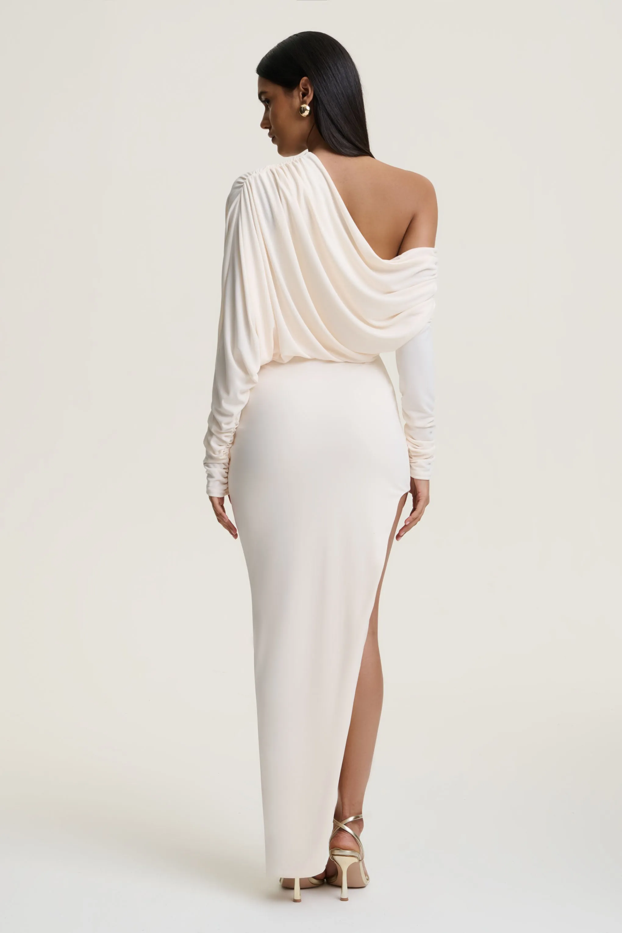 Olivia | Cream Asymmetric-Neck Maxi Dress With Ruched Detailing Asymmetric-Hem sold by Club L London product image thumbnail 2