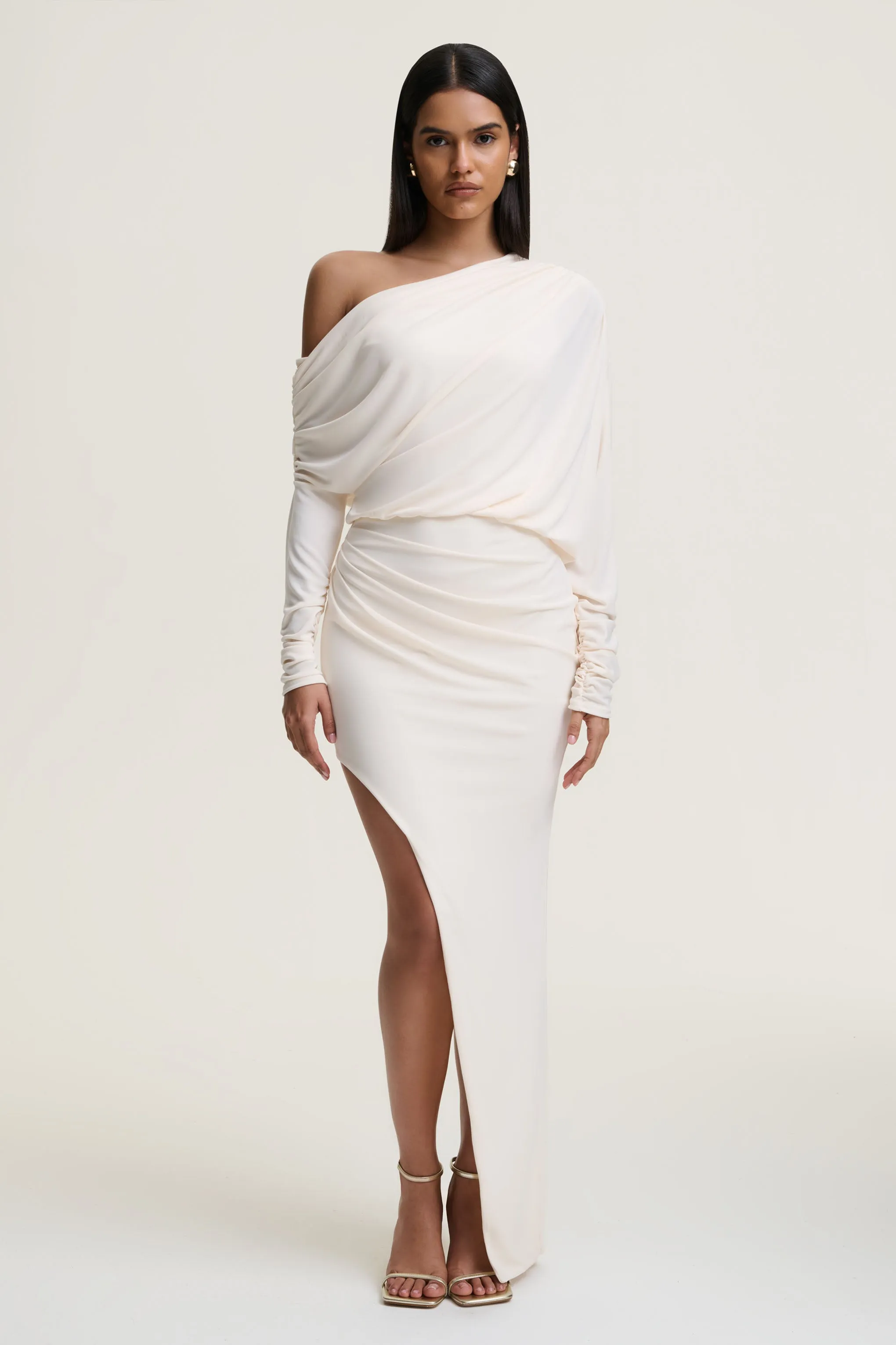 Olivia | Cream Asymmetric-Neck Maxi Dress With Ruched Detailing Asymmetric-Hem sold by Club L London product image thumbnail 4