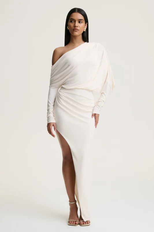 Olivia | Cream Asymmetric-Neck Maxi Dress With Ruched Detailing Asymmetric-Hem sold by Club L London