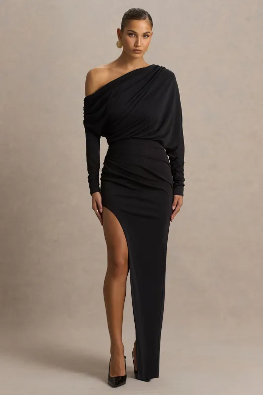 Olivia | Black Asymmetric-Neck Maxi Dress With Ruched Detailing And Asymmetric-Hem sold by Club L London