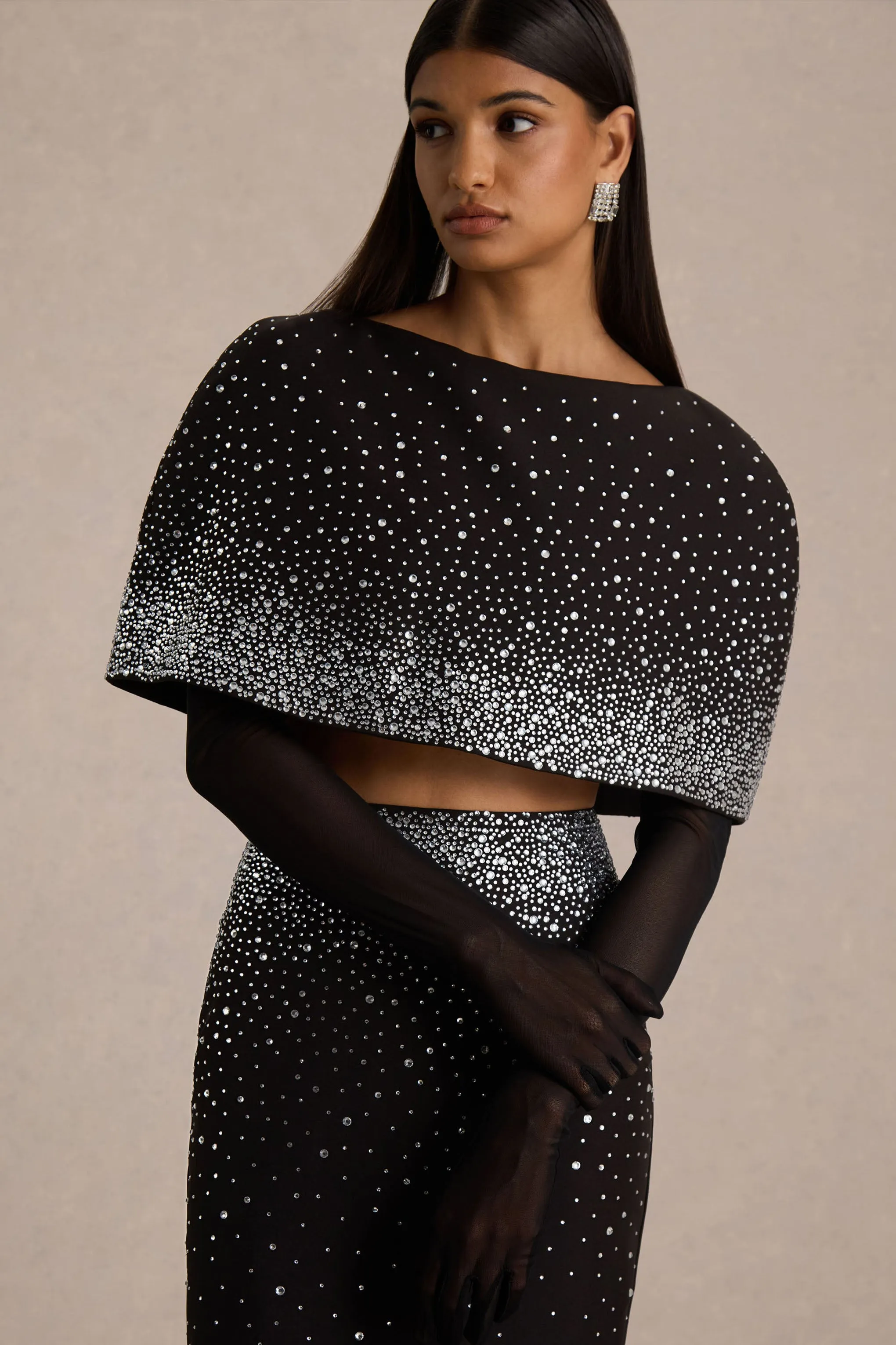 Luxy | Black Embellished Boat-Neck Crop-Top With Cape-Sleeves sold by Club L London product image thumbnail 4