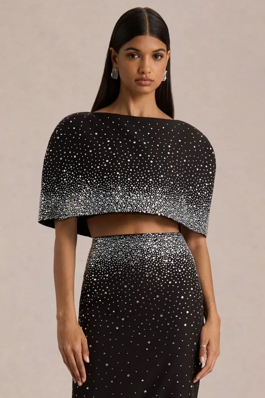 Luxy | Black Embellished Boat-Neck Crop-Top With Cape-Sleeves sold by Club L London