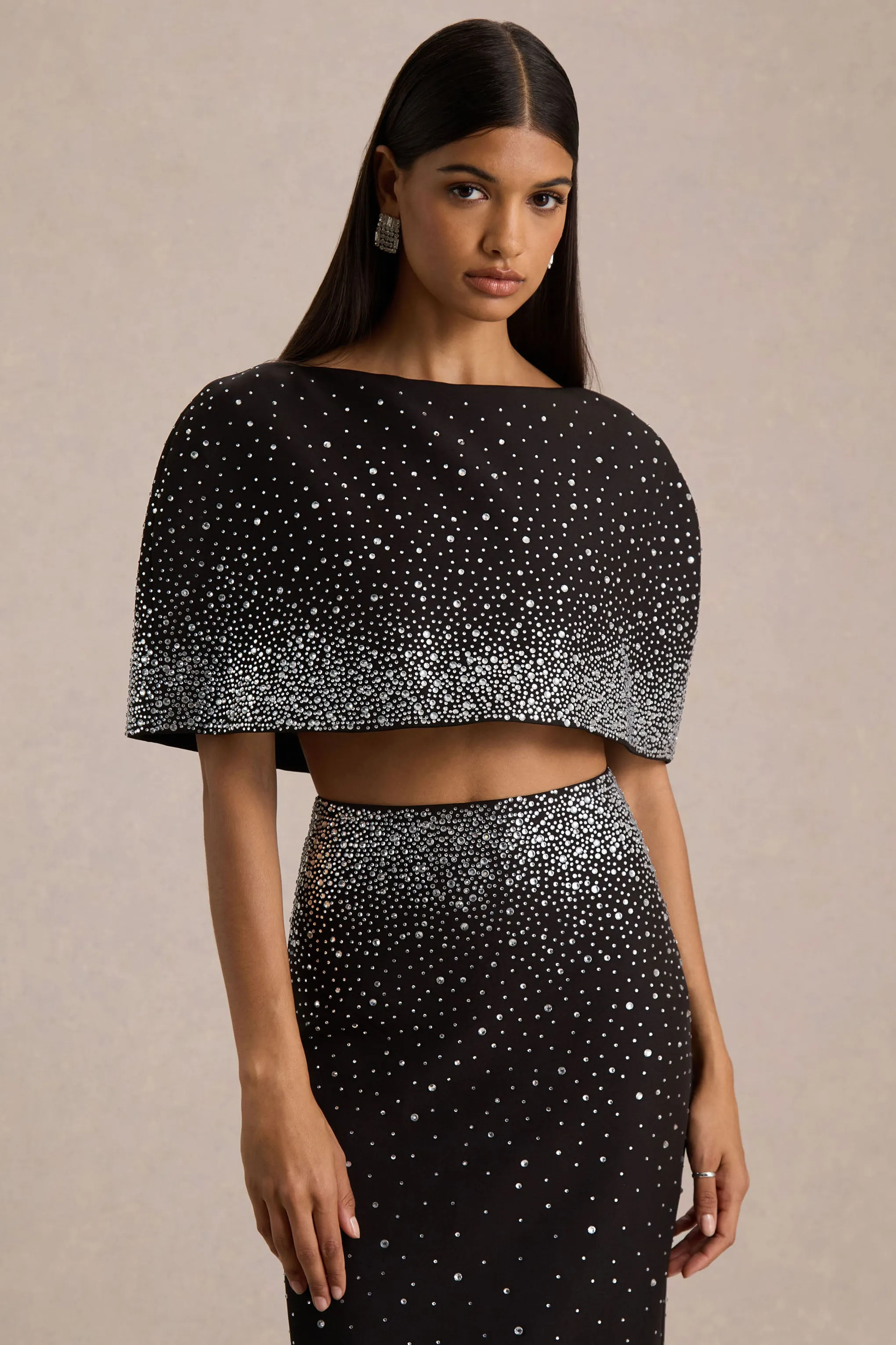 Luxy | Black Embellished Boat-Neck Crop-Top With Cape-Sleeves sold by Club L London product image thumbnail 5