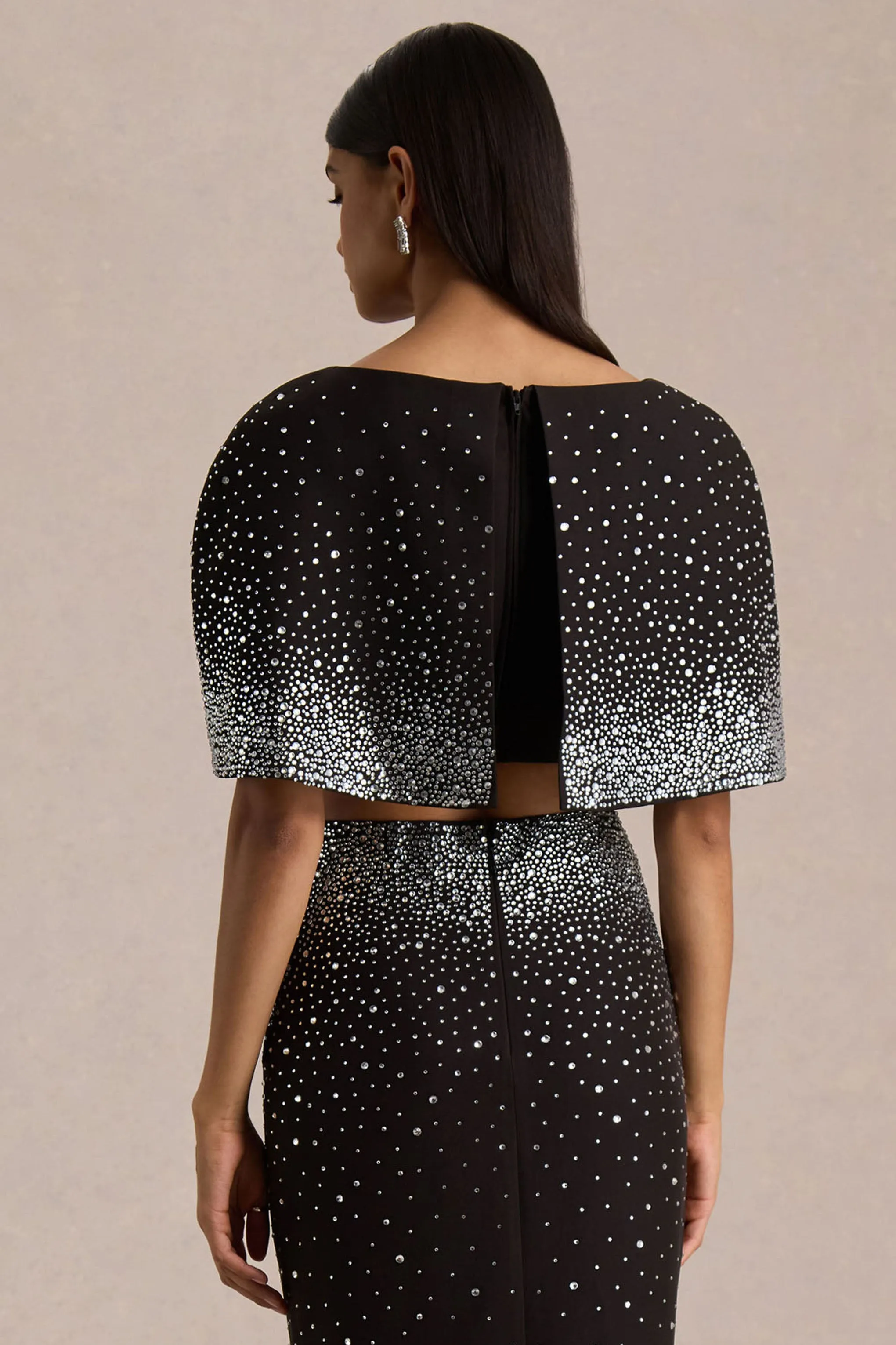 Luxy | Black Embellished Boat-Neck Crop-Top With Cape-Sleeves sold by Club L London product image thumbnail 2