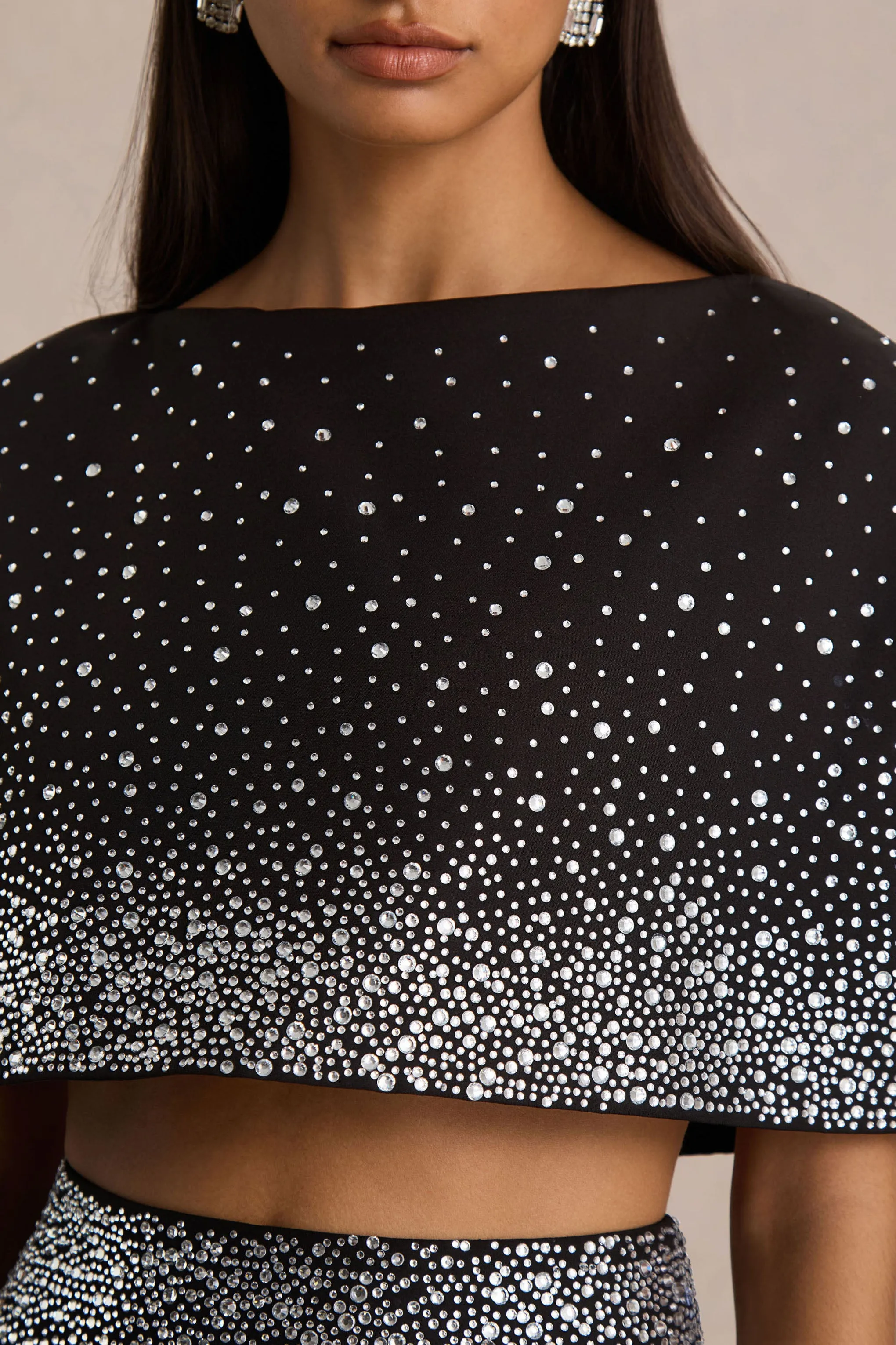 Luxy | Black Embellished Boat-Neck Crop-Top With Cape-Sleeves sold by Club L London product image thumbnail 3