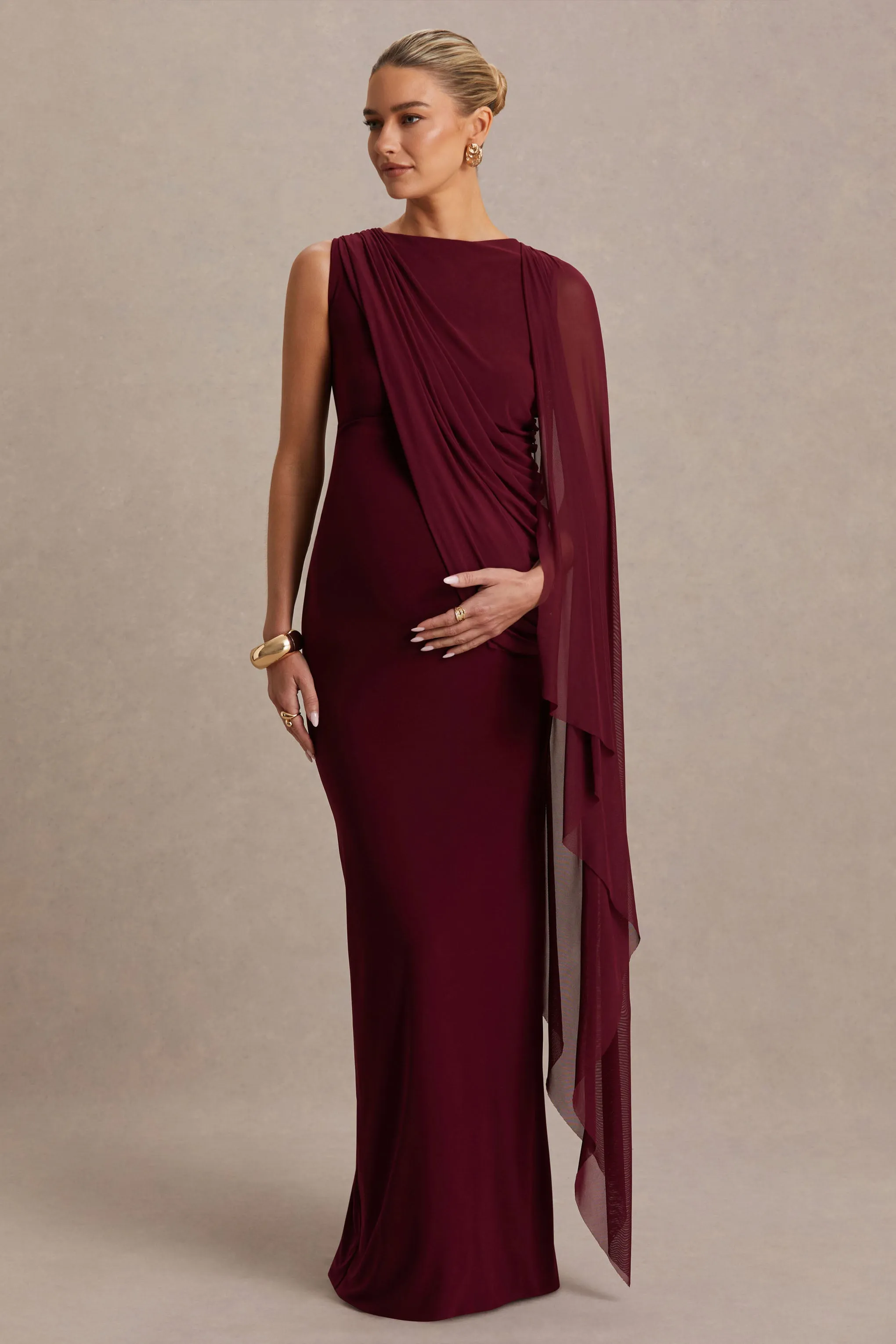 Cristina | Burgundy High-Neck Maternity Maxi Dress With Cape-Sleeve sold by Club L London product image thumbnail 4