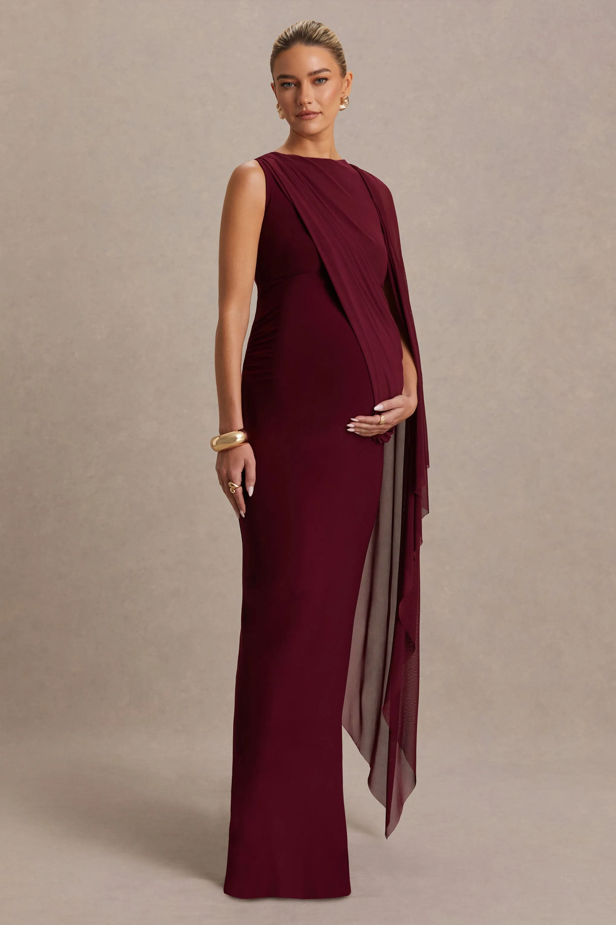 Cristina | Burgundy High-Neck Maternity Maxi Dress With Cape-Sleeve sold by Club L London product image thumbnail 5