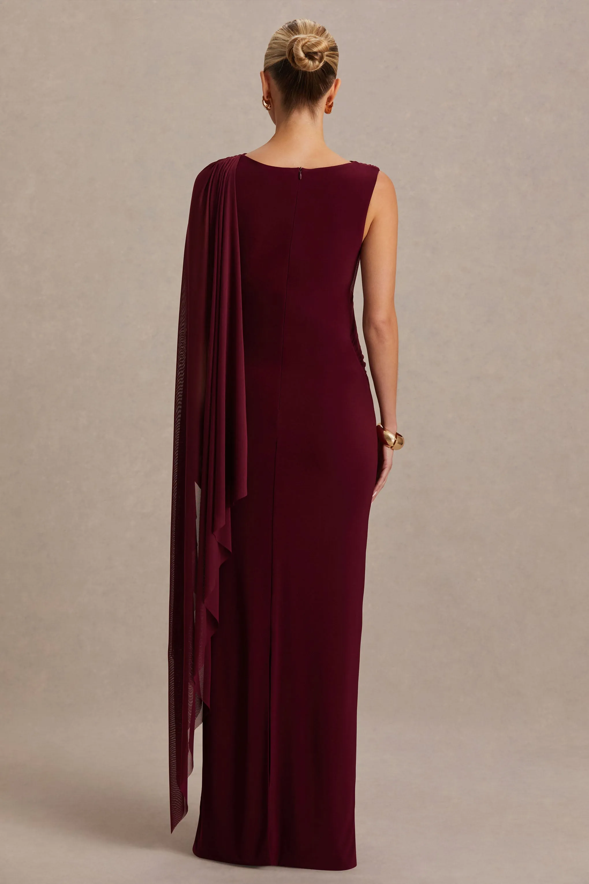 Cristina | Burgundy High-Neck Maternity Maxi Dress With Cape-Sleeve sold by Club L London product image thumbnail 2