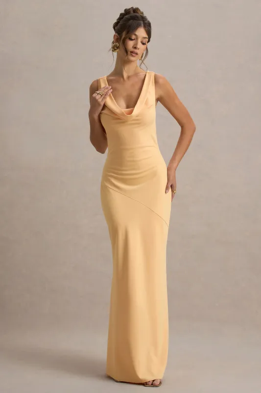Alesso | Peach Satin Cowl-Neck Slip-Maxi Dress sold by Club L London