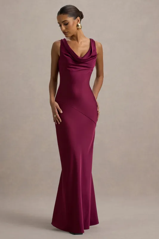 Alesso | Burgundy Satin Cowl-Neck Slip-Maxi Dress sold by Club L London