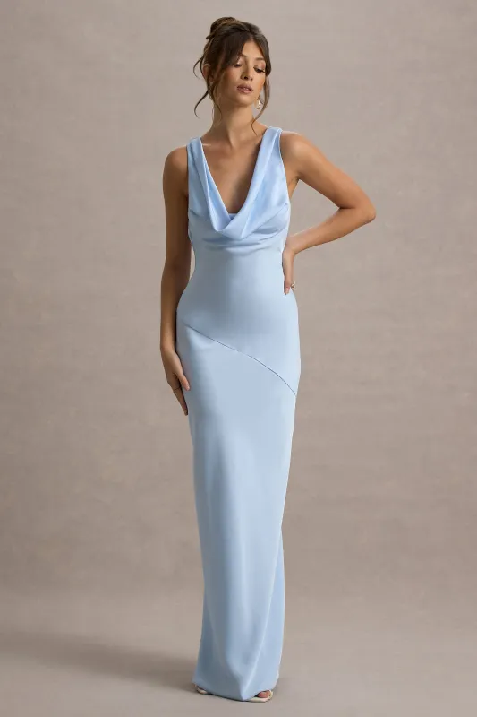 Alesso | Powder Blue Satin Cowl-Neck Slip-Maxi Dress sold by Club L London