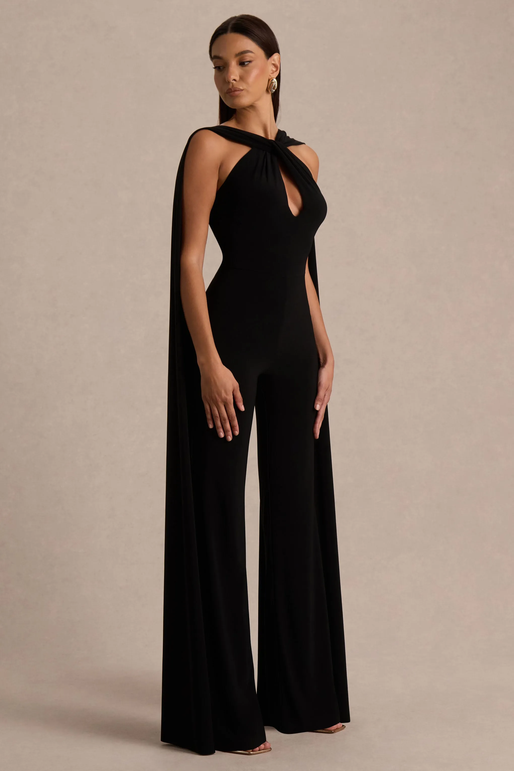 Mindy | Black Twist Halter-Neck Jumpsuit With Cape sold by Club L London product image thumbnail 3
