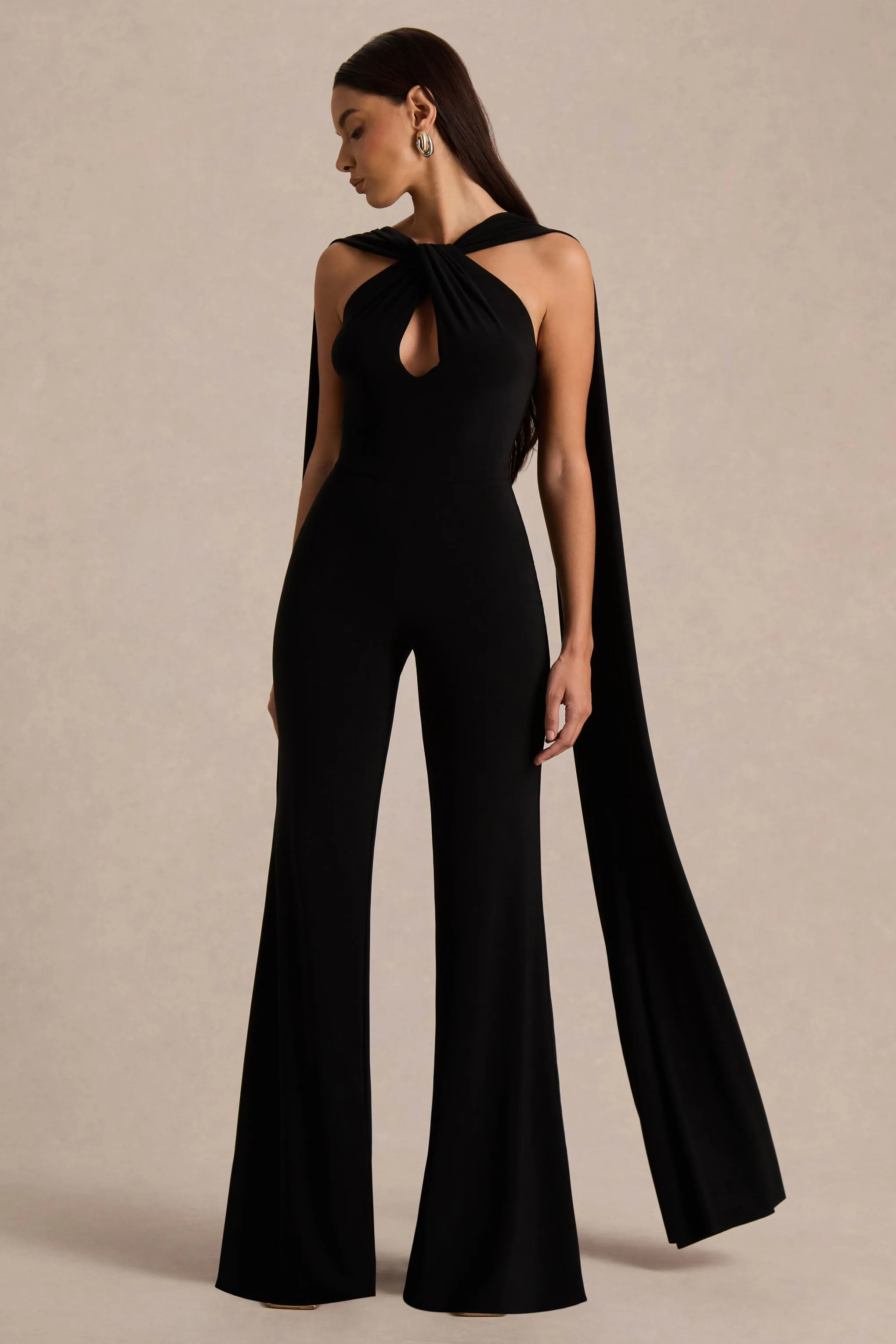 Mindy | Black Twist Halter-Neck Jumpsuit With Cape sold by Club L London product image thumbnail 4
