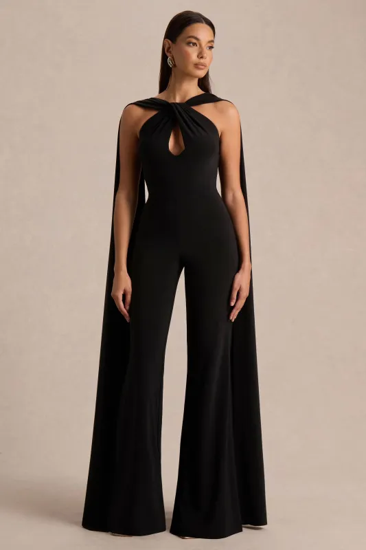 Mindy | Black Twist Halter-Neck Jumpsuit With Cape sold by Club L London