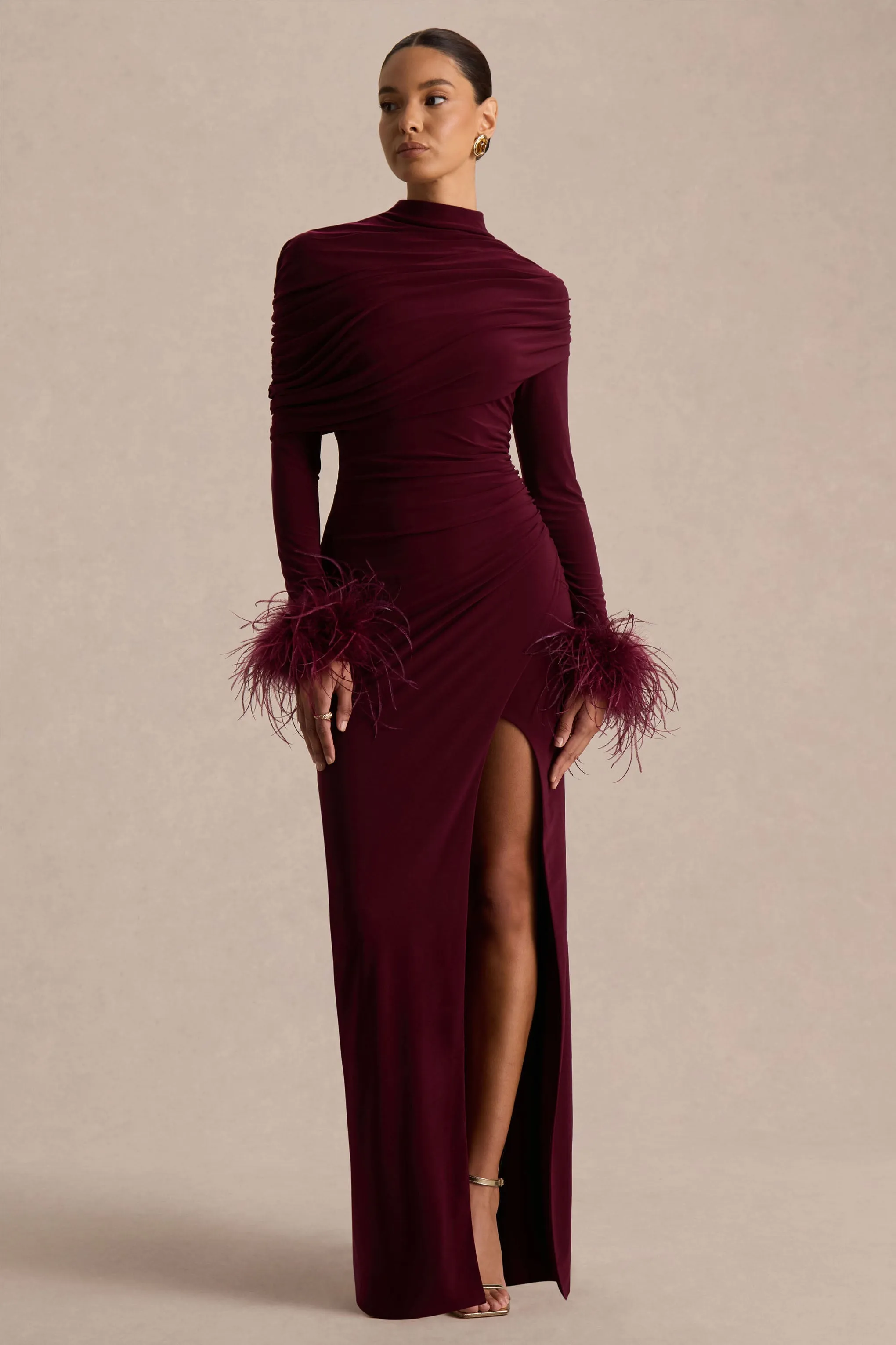 Gatsby | Burgundy High-Neck Maxi Dress With Feather Trim Cuffs sold by Club L London