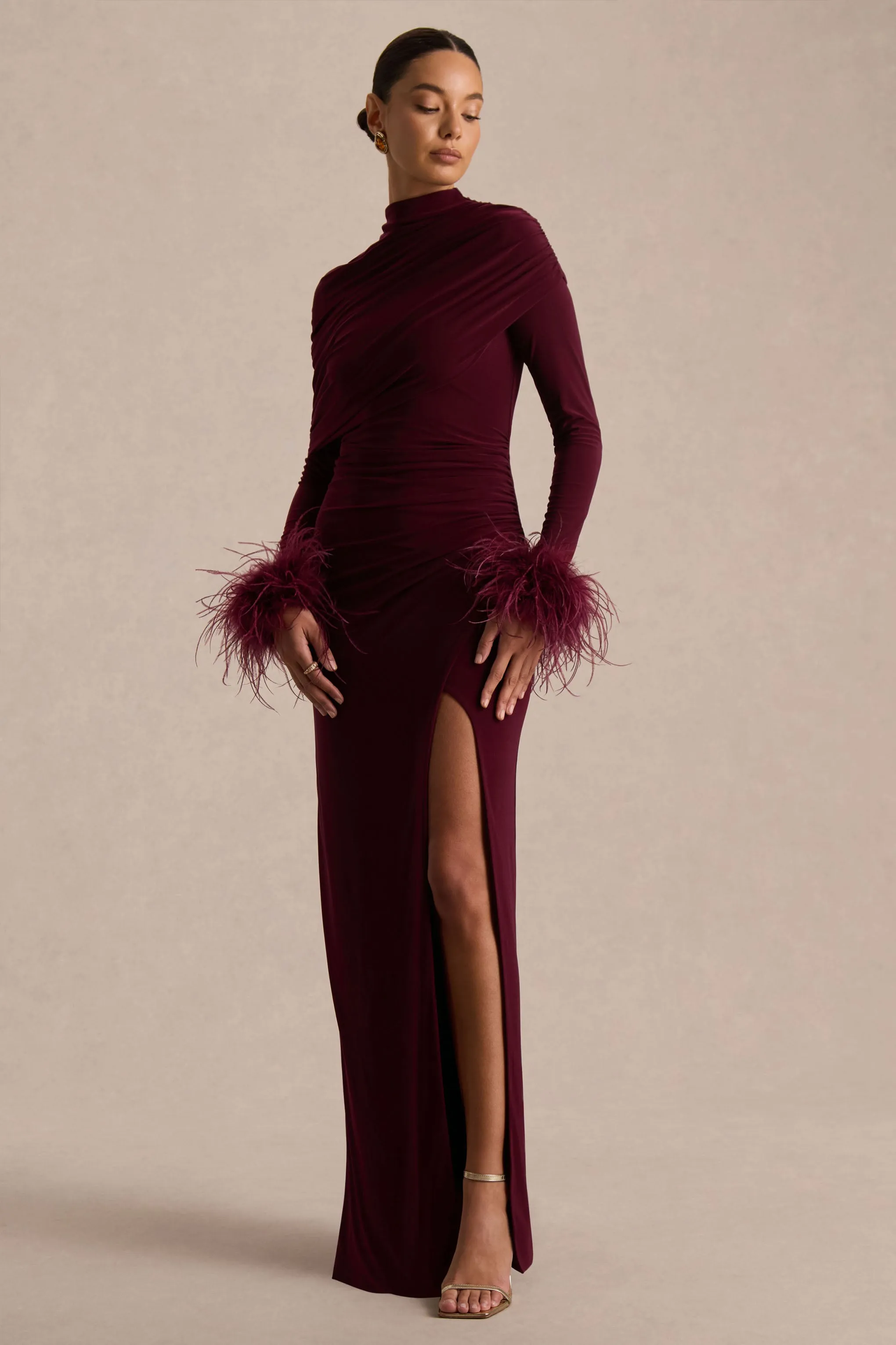 Gatsby | Burgundy High-Neck Maxi Dress With Feather Trim Cuffs sold by Club L London product image thumbnail 5