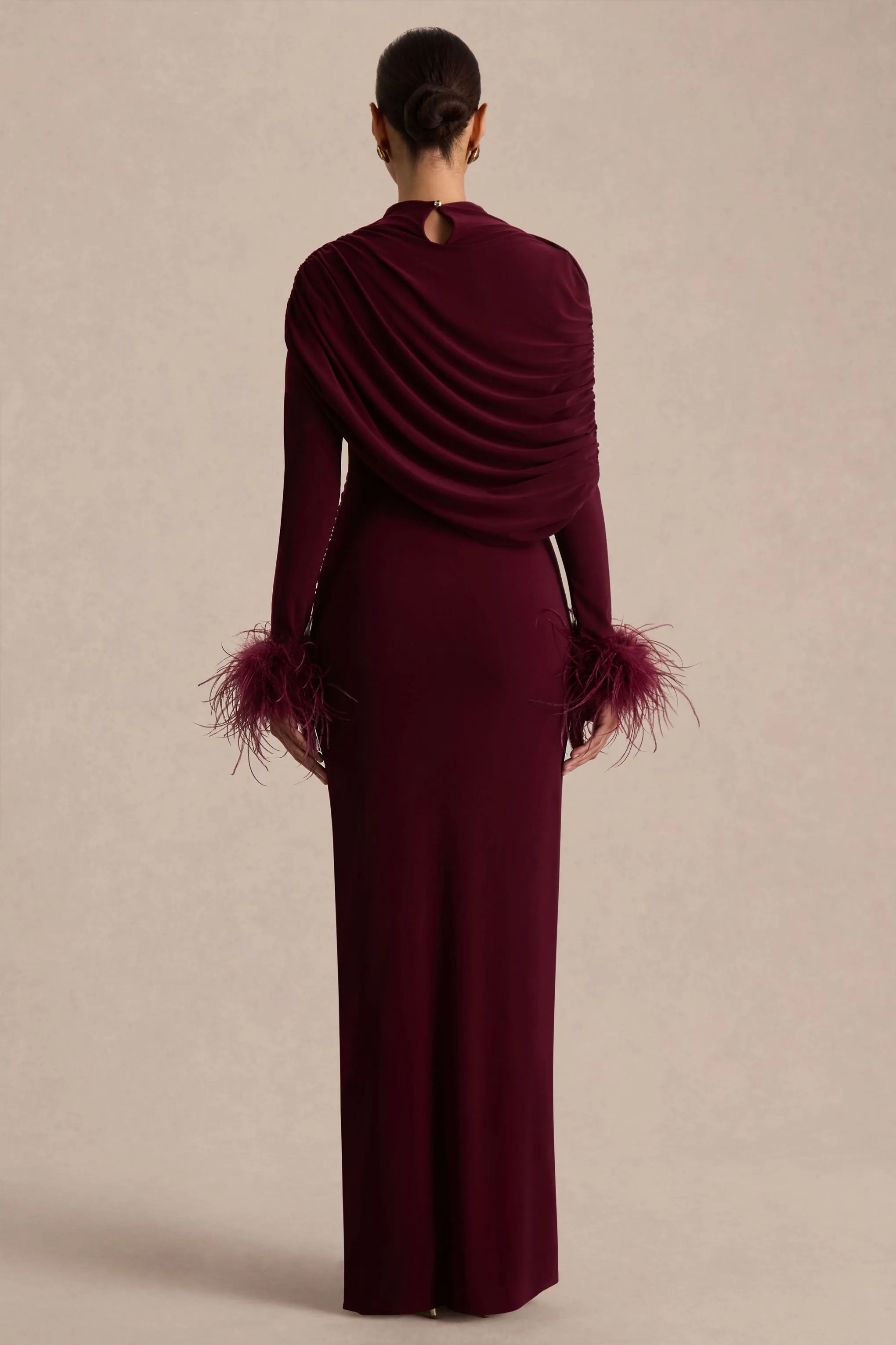 Gatsby | Burgundy High-Neck Maxi Dress With Feather Trim Cuffs sold by Club L London product image thumbnail 2