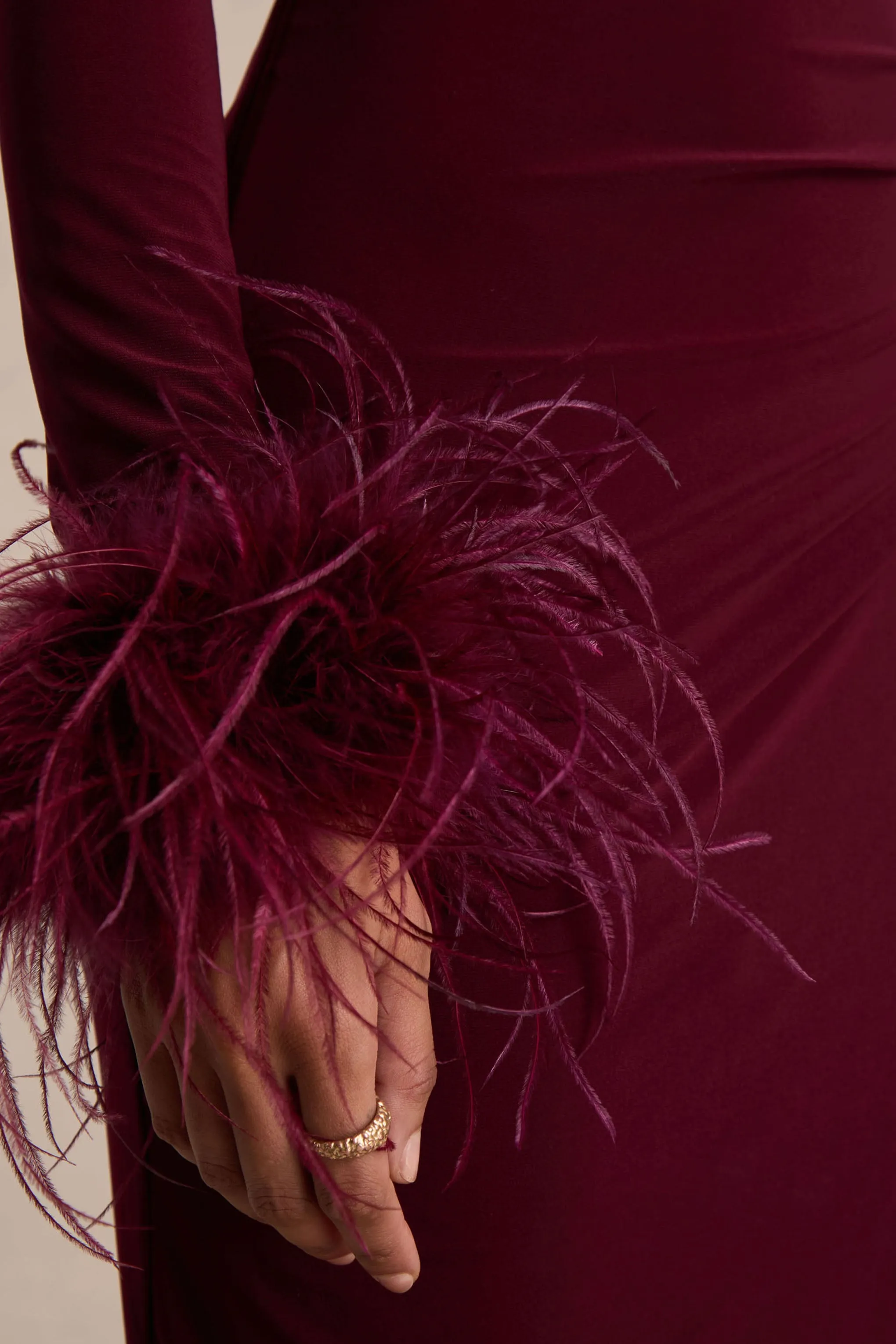 Gatsby | Burgundy High-Neck Maxi Dress With Feather Trim Cuffs sold by Club L London product image thumbnail 3