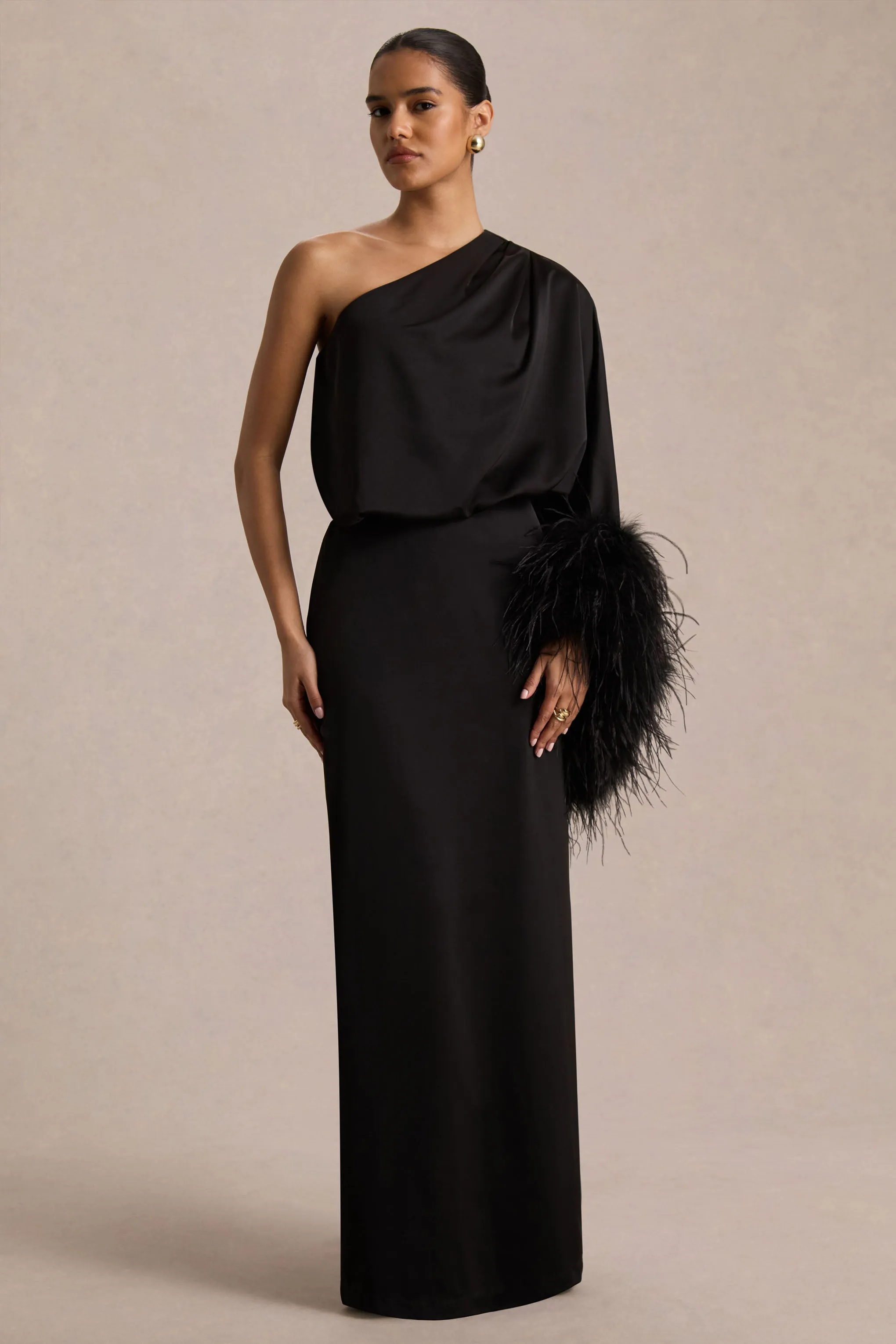 Felicity | Black Satin Asymmetric-Neck Maxi Dress With Feather Detailing sold by Club L London product image thumbnail 4