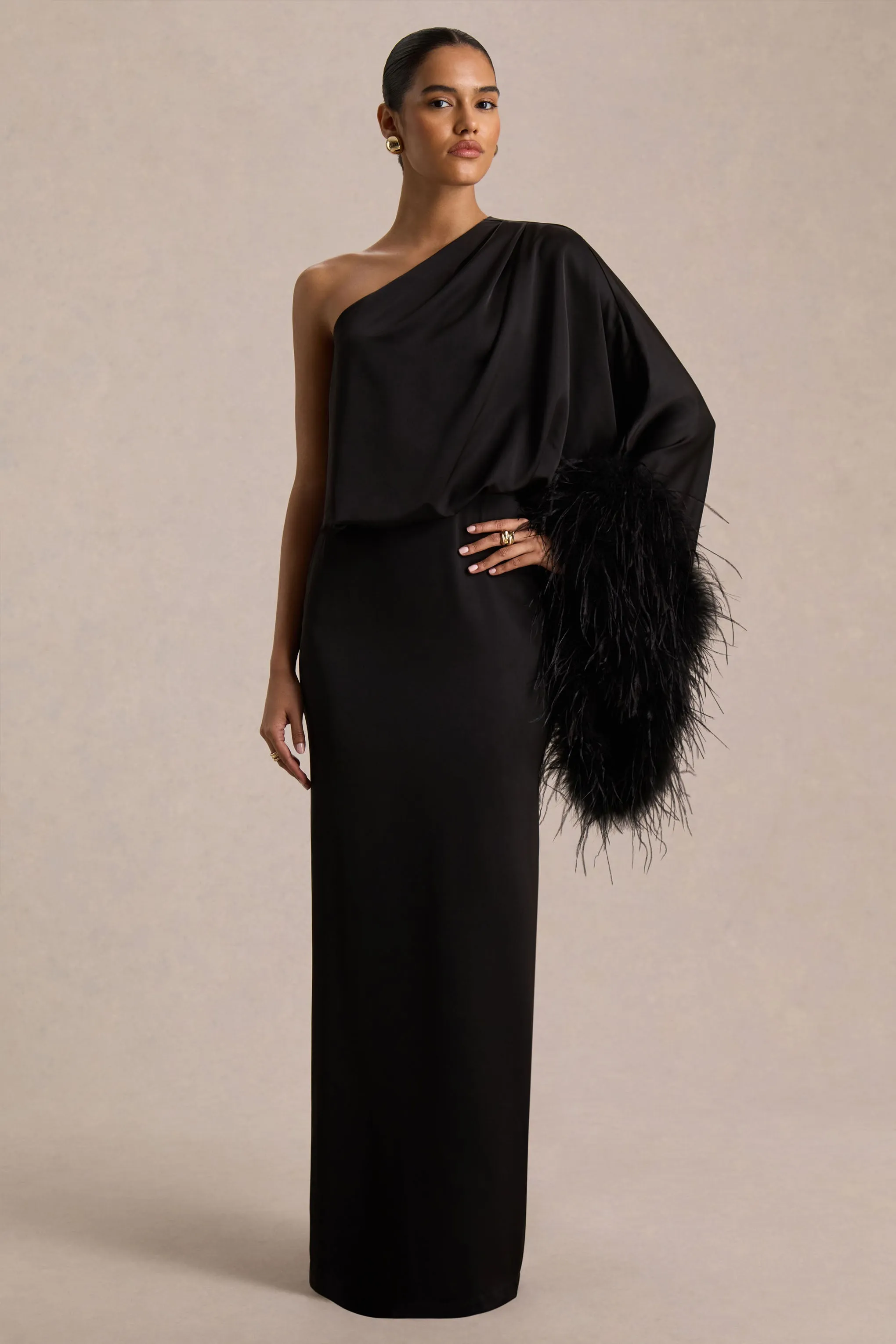 Felicity | Black Satin Asymmetric-Neck Maxi Dress With Feather Detailing sold by Club L London