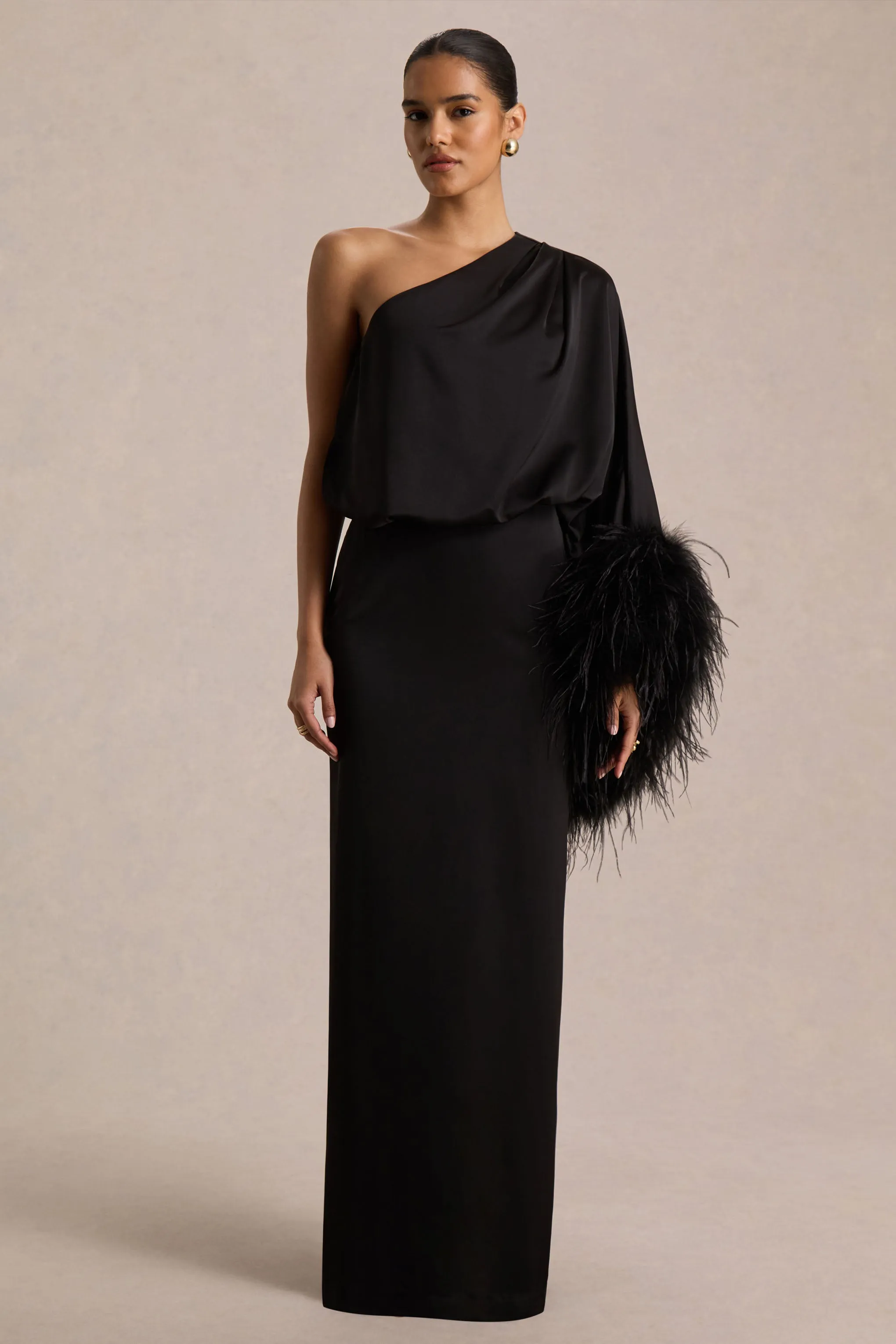 Felicity | Black Satin Asymmetric-Neck Maxi Dress With Feather Detailing sold by Club L London product image thumbnail 5