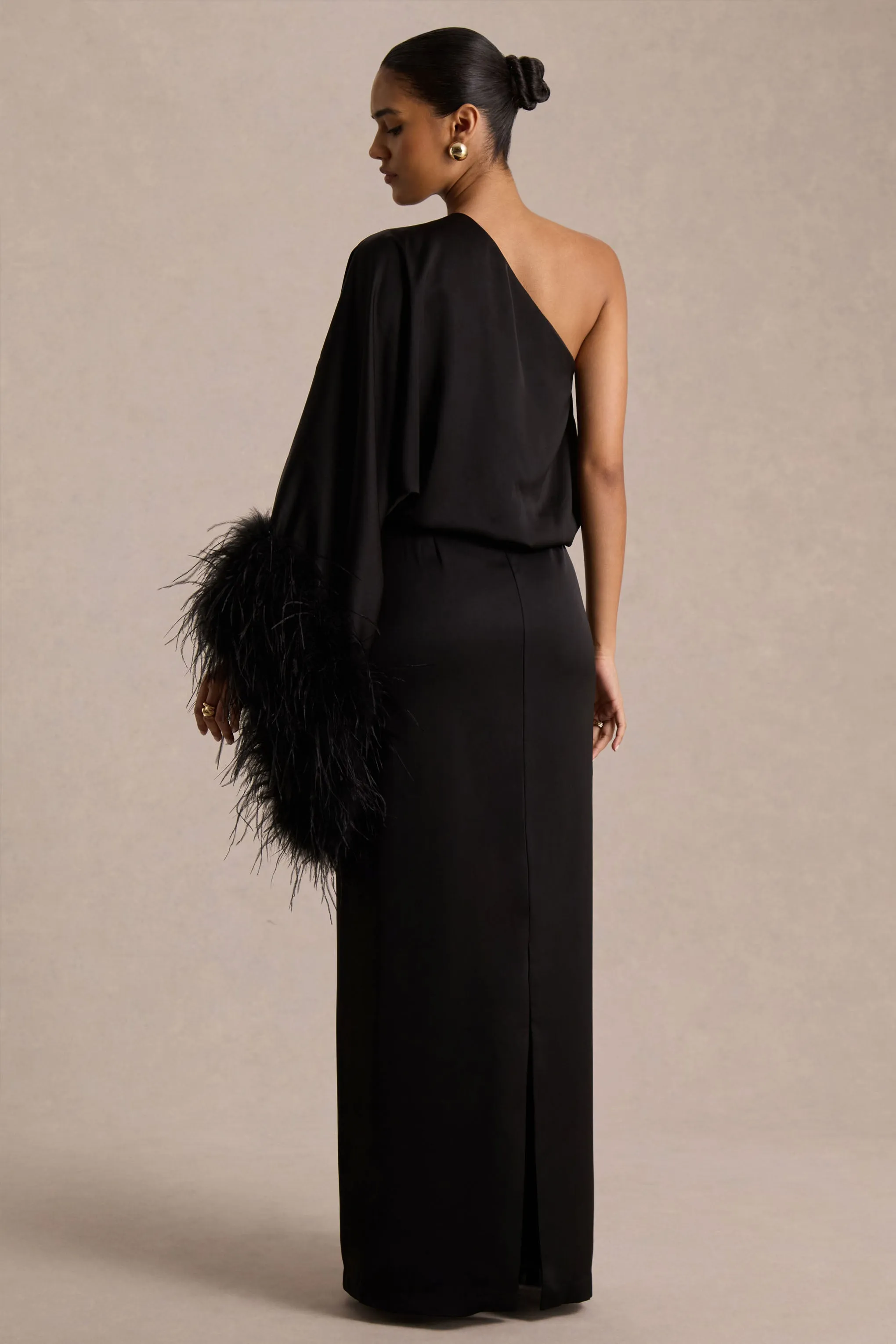 Felicity | Black Satin Asymmetric-Neck Maxi Dress With Feather Detailing sold by Club L London product image thumbnail 2