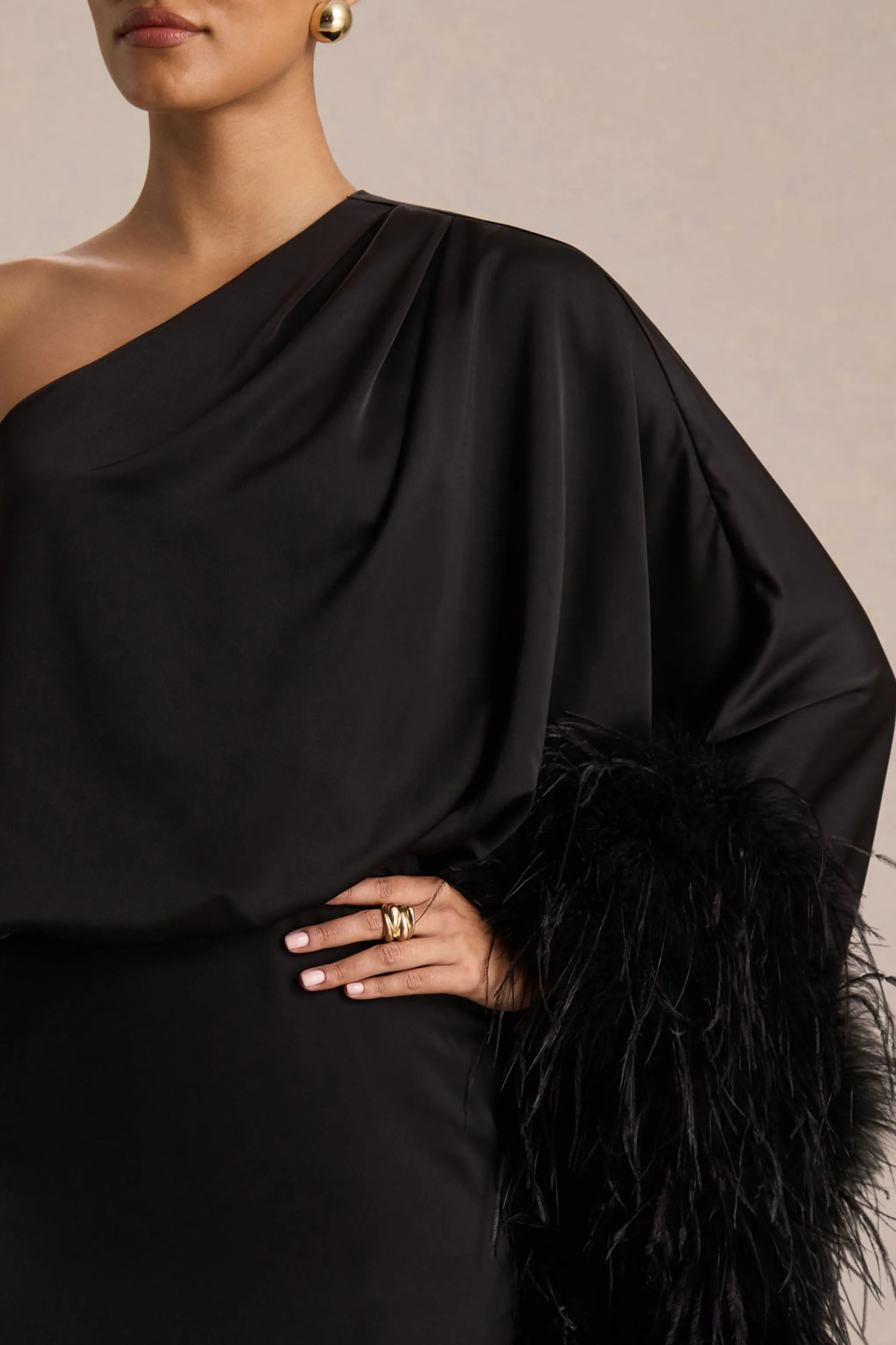 Felicity | Black Satin Asymmetric-Neck Maxi Dress With Feather Detailing sold by Club L London product image thumbnail 3