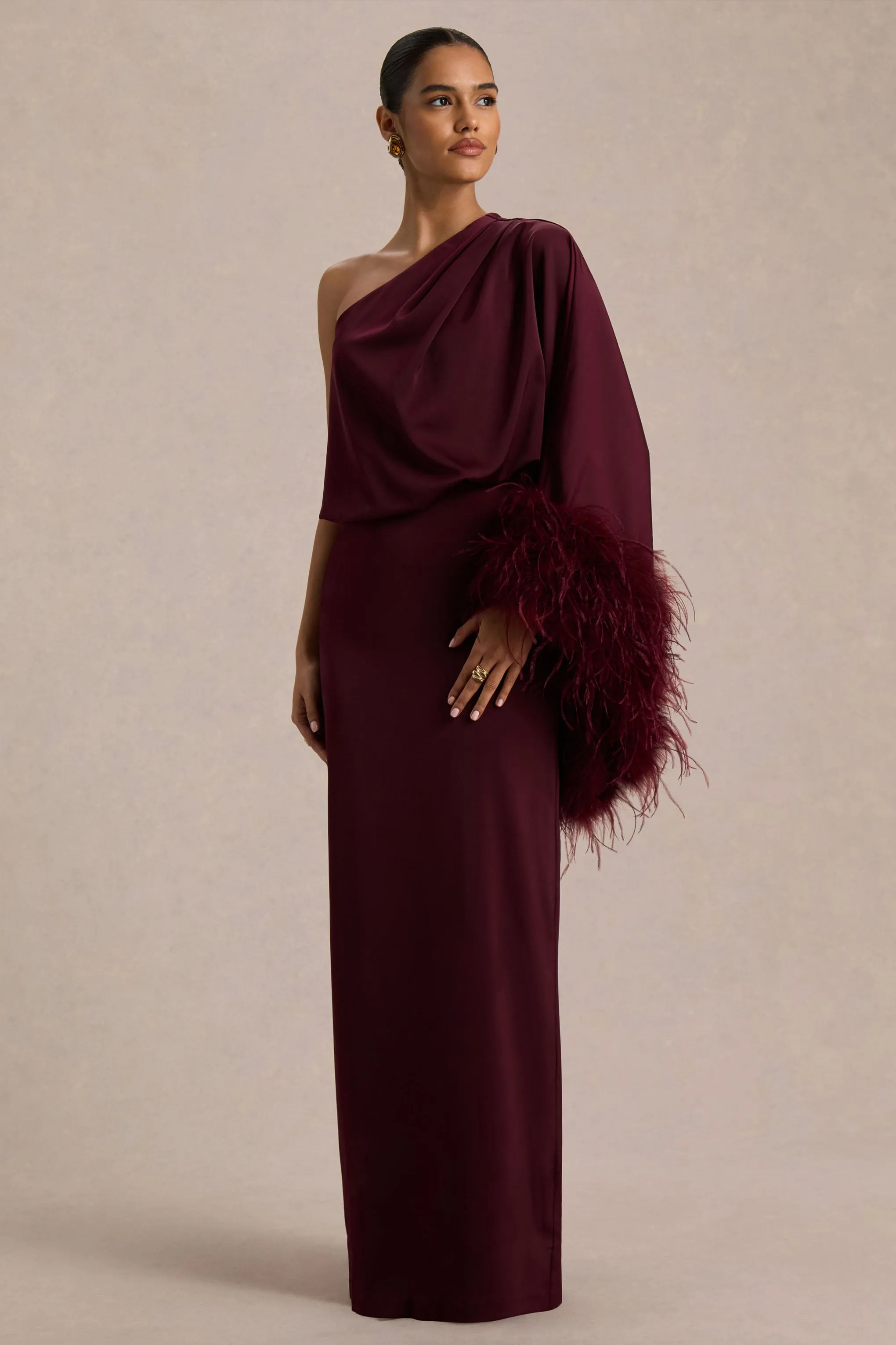 Felicity | Burgundy Satin Asymmetric-Neck Maxi Dress With Feather Detailing sold by Club L London product image thumbnail 4