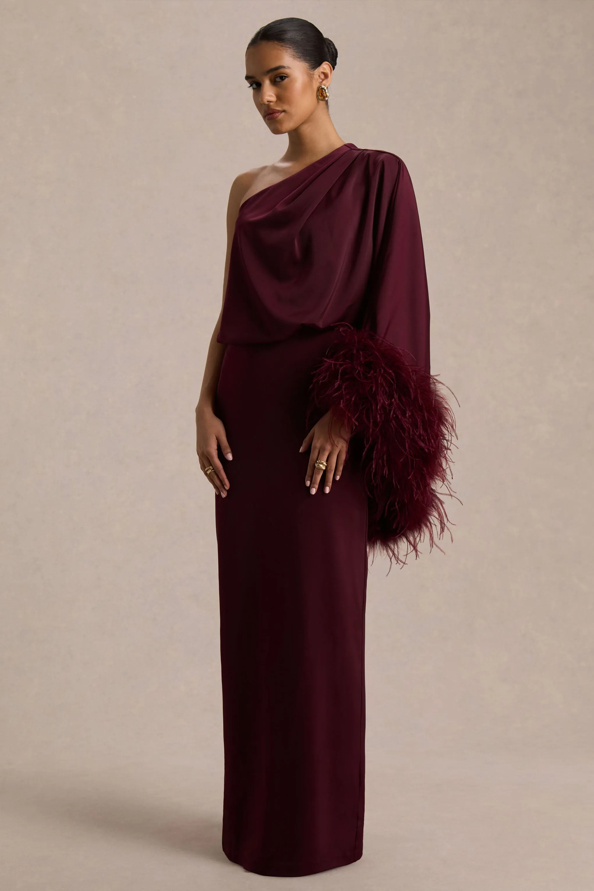 Felicity | Burgundy Satin Asymmetric-Neck Maxi Dress With Feather Detailing sold by Club L London product image thumbnail 5