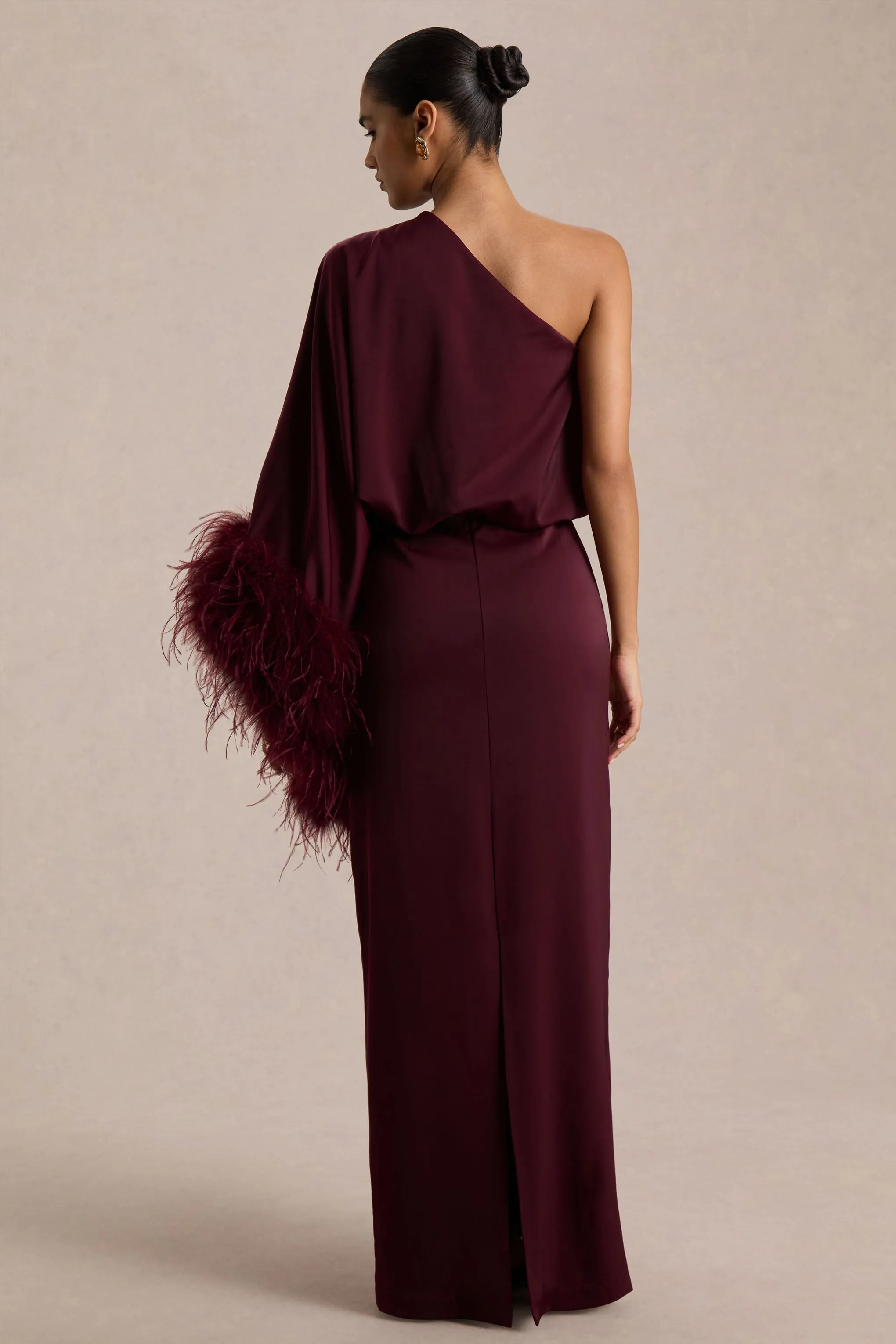 Felicity | Burgundy Satin Asymmetric-Neck Maxi Dress With Feather Detailing sold by Club L London product image thumbnail 2