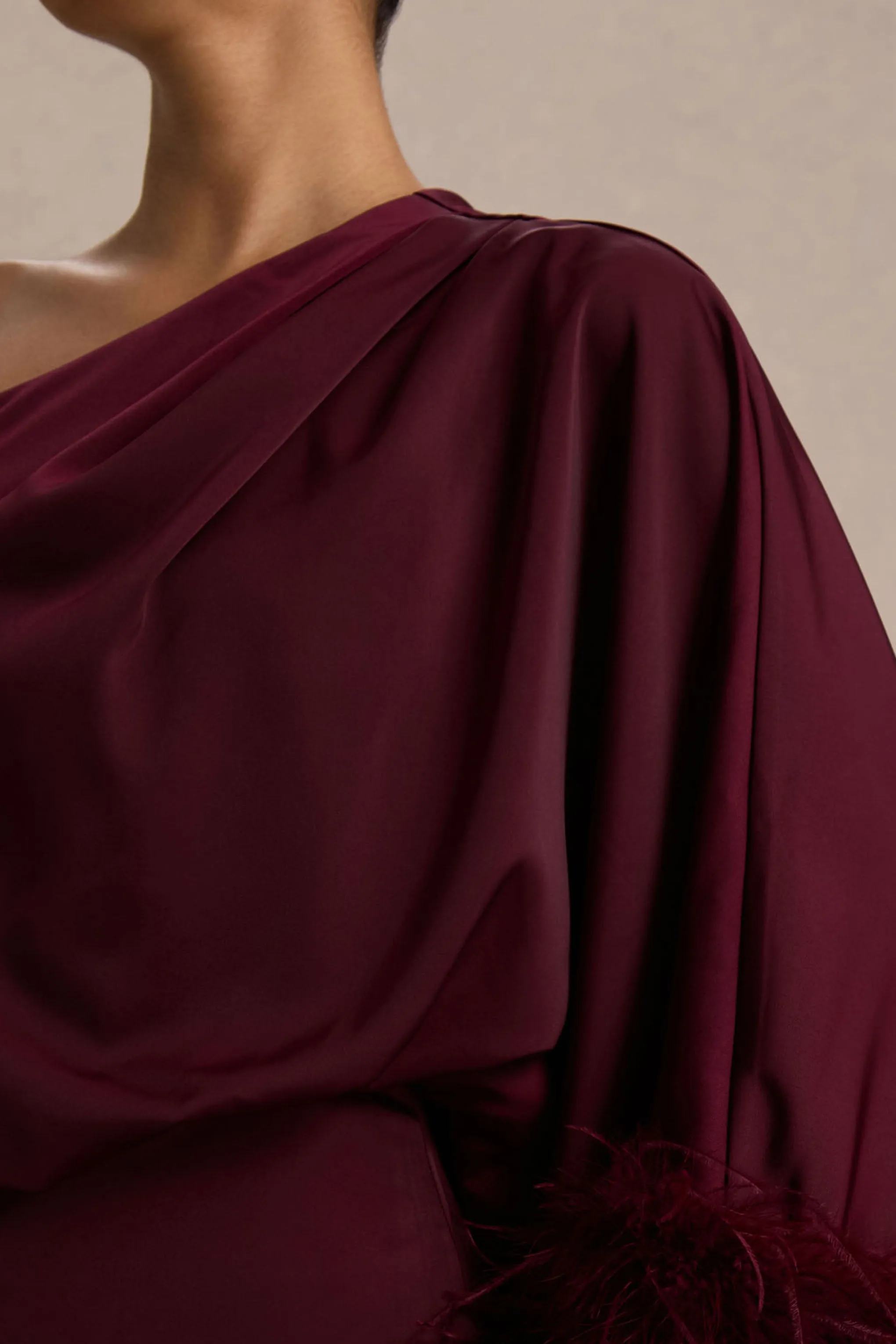 Felicity | Burgundy Satin Asymmetric-Neck Maxi Dress With Feather Detailing sold by Club L London product image thumbnail 3
