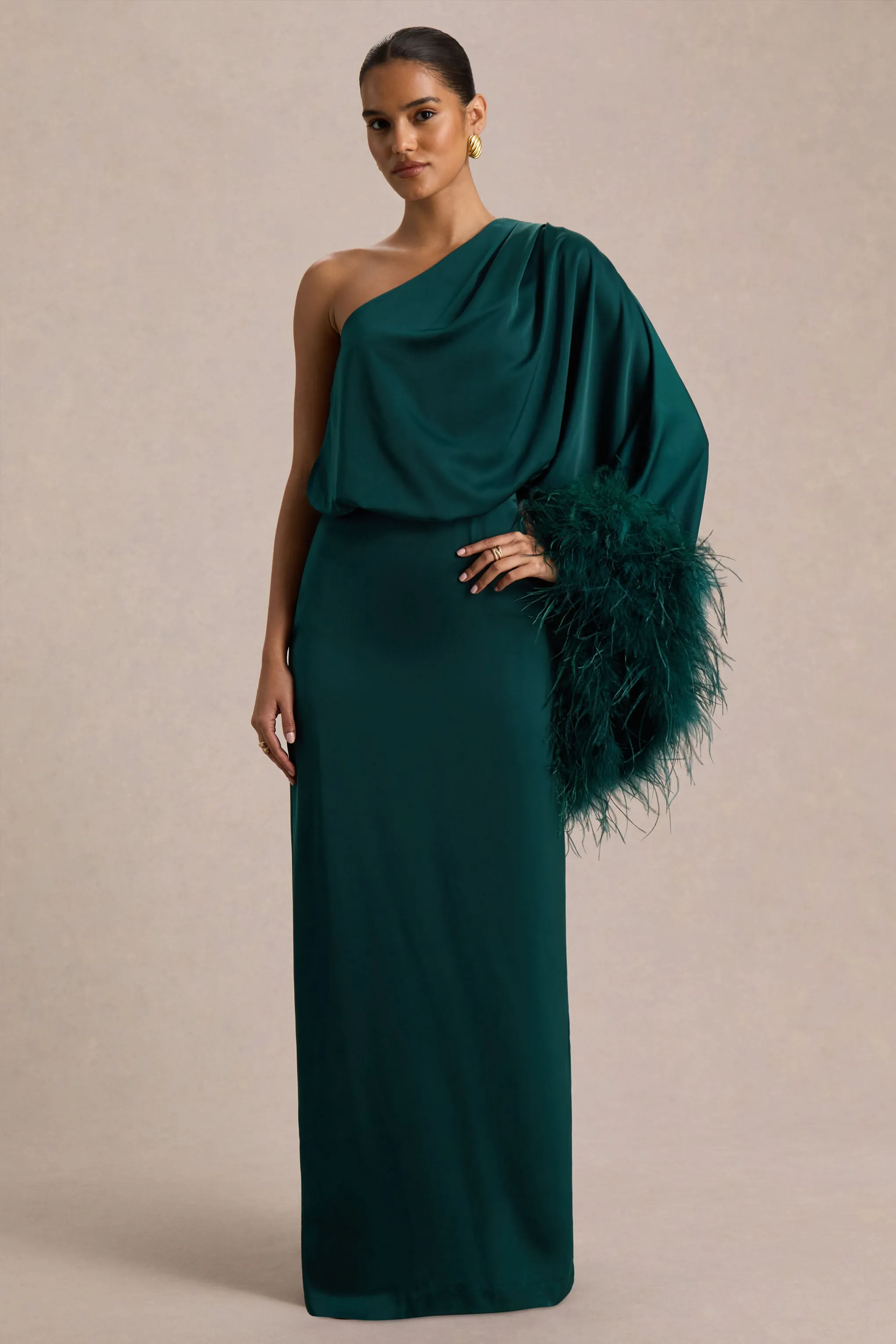 Felicity | Teal Satin Asymmetric-Neck Maxi Dress With Feather Detailing sold by Club L London product image thumbnail 4