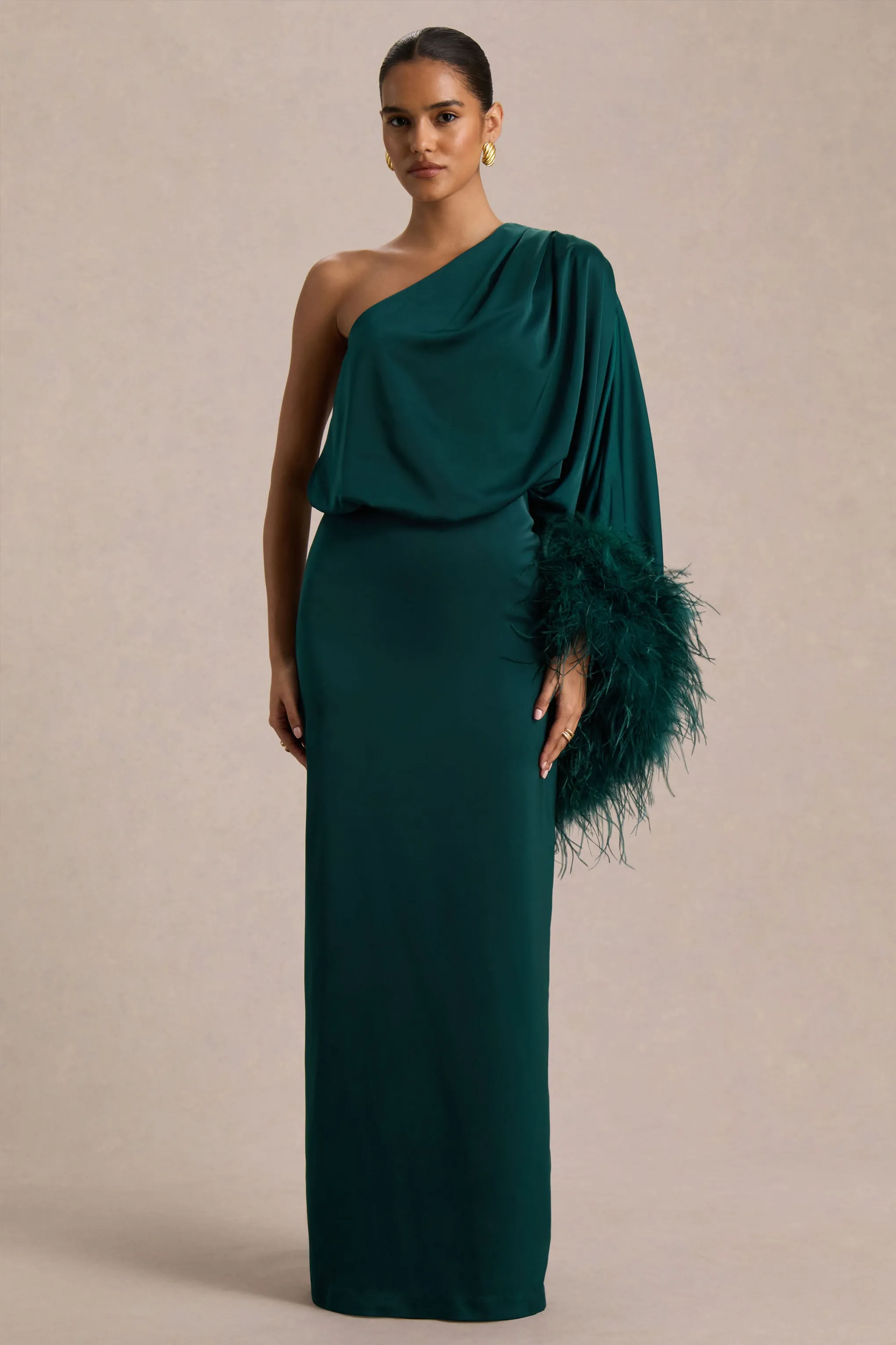 Felicity | Teal Satin Asymmetric-Neck Maxi Dress With Feather Detailing sold by Club L London